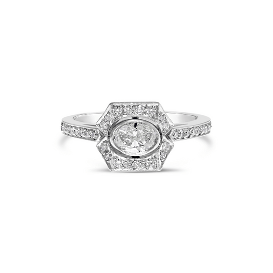 ART DECO OVAL CUT DIAMOND GEOMETRIC ENGAGEMENT RING diamond band