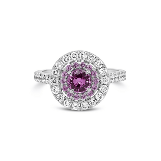 EVERLASTING ROUND BRILLIANT CUT PINK SAPPHIRE & DIAMOND HALO ENGAGEMENT RING