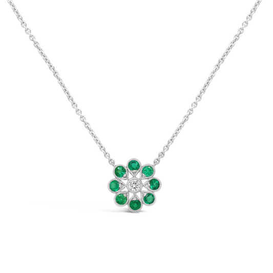 Deco Daisy pendant necklace in emerald and diamond