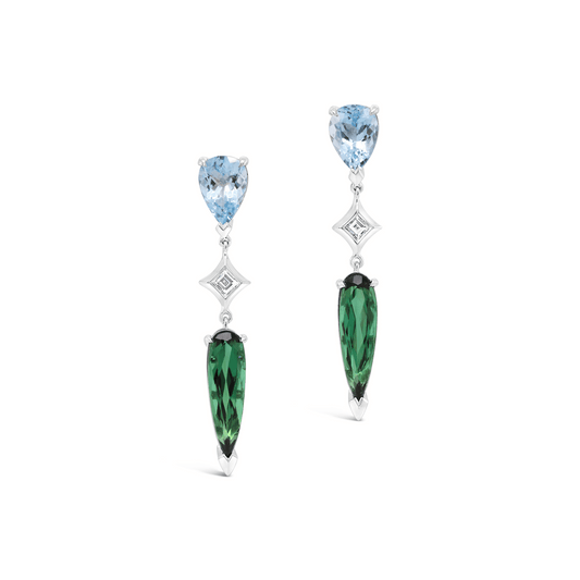 Aquamarine, Green Tourmaline & Diamond Drop Earrings