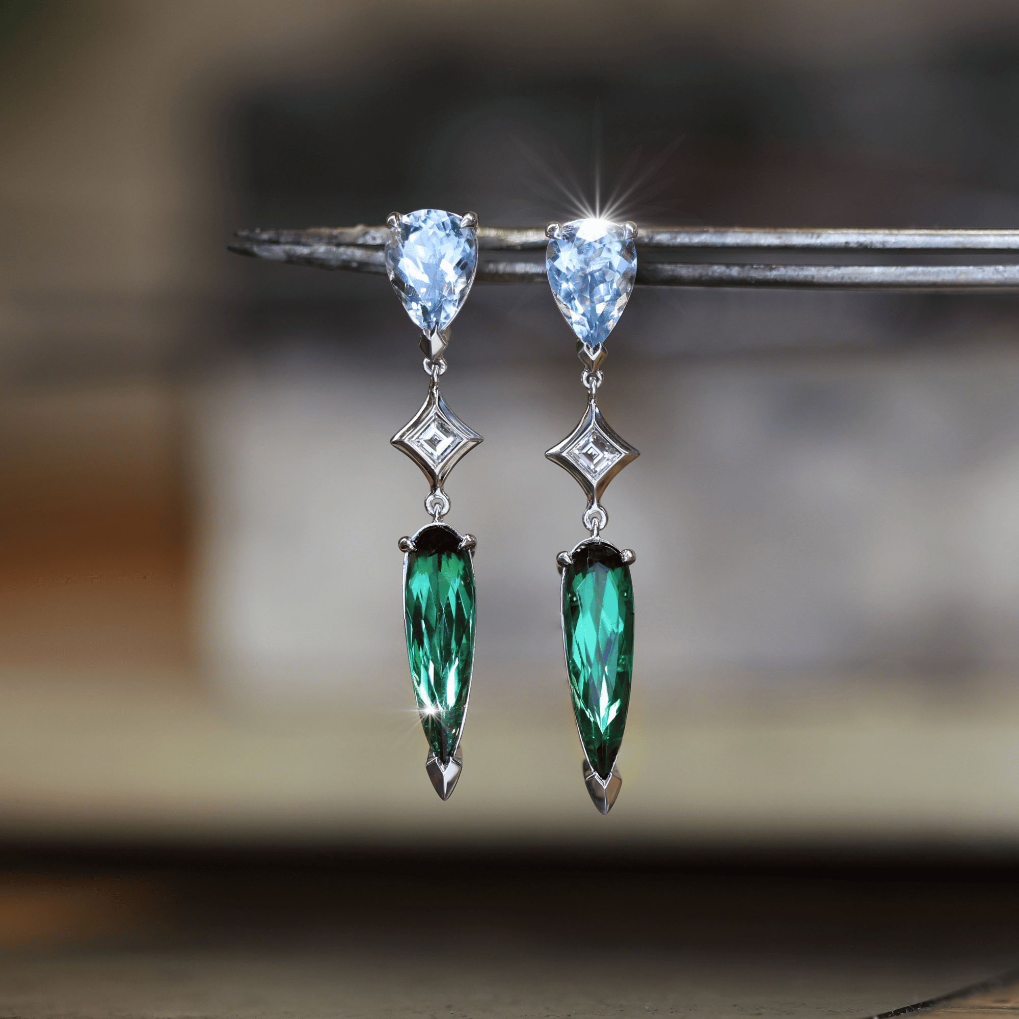 Aquamarine, Green Tourmaline & Diamond Drop Earrings