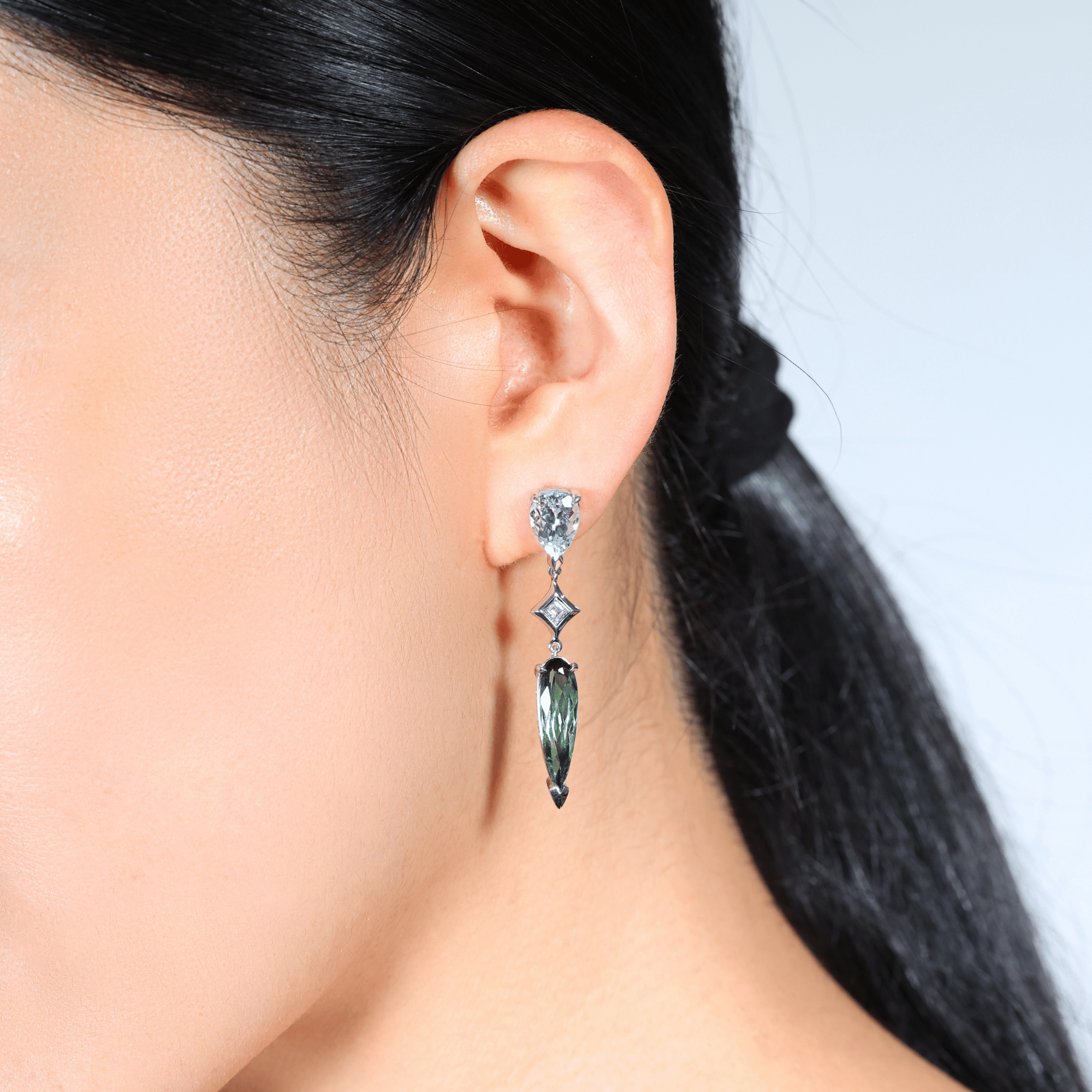 Ginan Aquamarine, Green Tourmaline & Carre Cut Diamond Drop Earrings