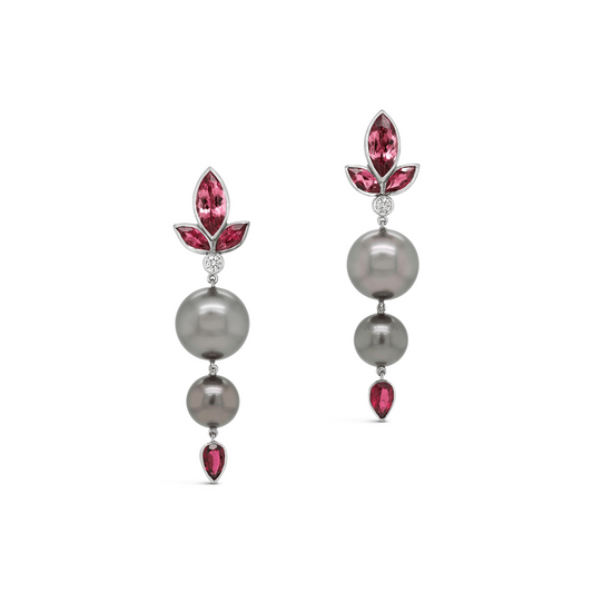Double Drop Tahitian Pearl, Pink Tourmaline & Diamond Maimiti Earrings