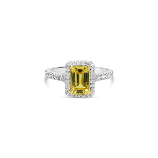 Emerald Cut Yellow Sapphire & Diamond Halo Engagement Ring