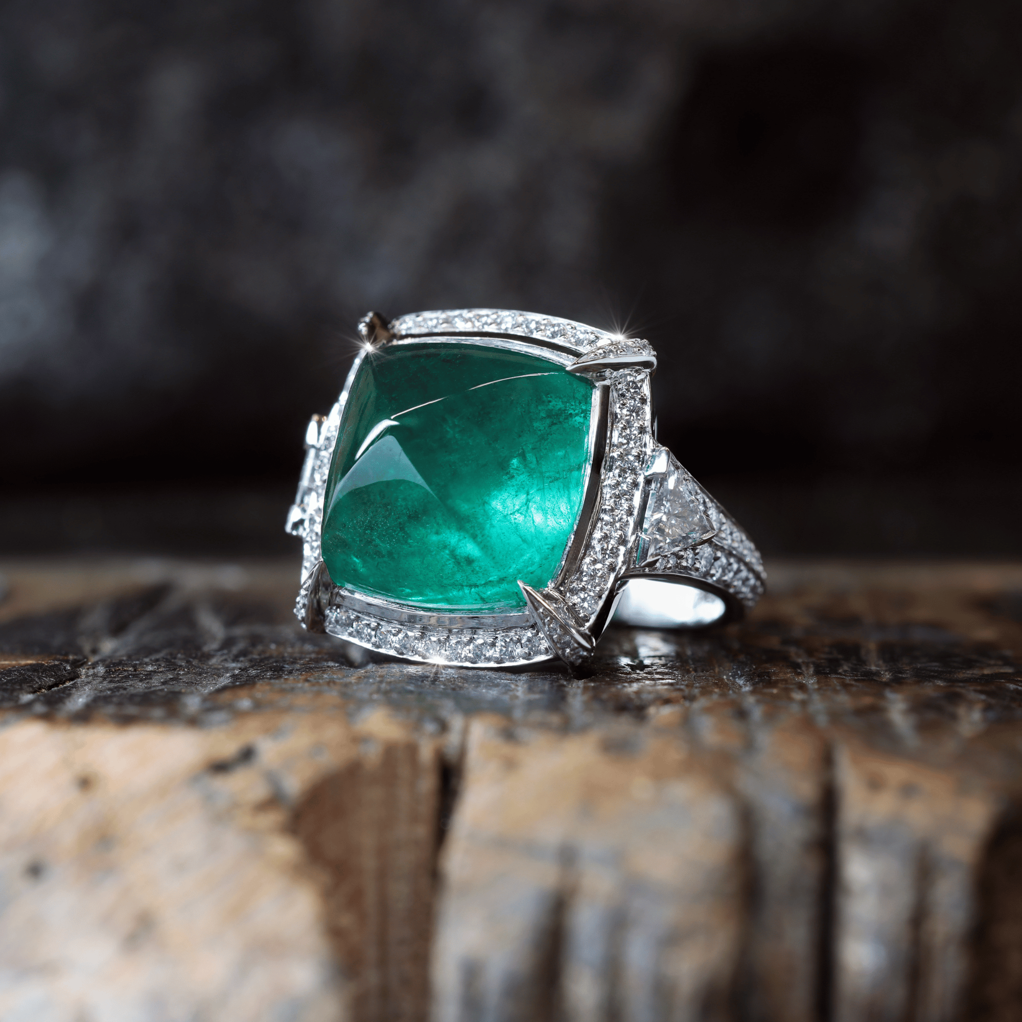 Manhattan Collection Zambian Sugarloaf Emerald & Diamond Ring Collection Zambian Sugarloaf Emerald & Diamond Ring