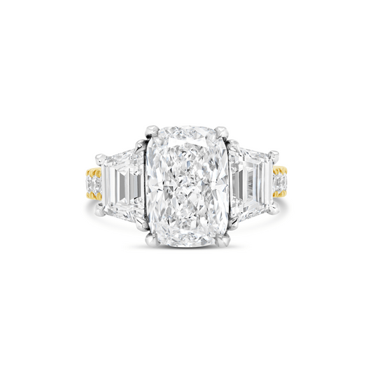 Signature Cushion Cut & Trapezoid Cut Diamond Three Stone Engagement Ring