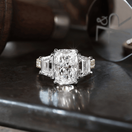 Signature Cushion Cut & Trapezoid Cut Diamond Three Stone Engagement Ring