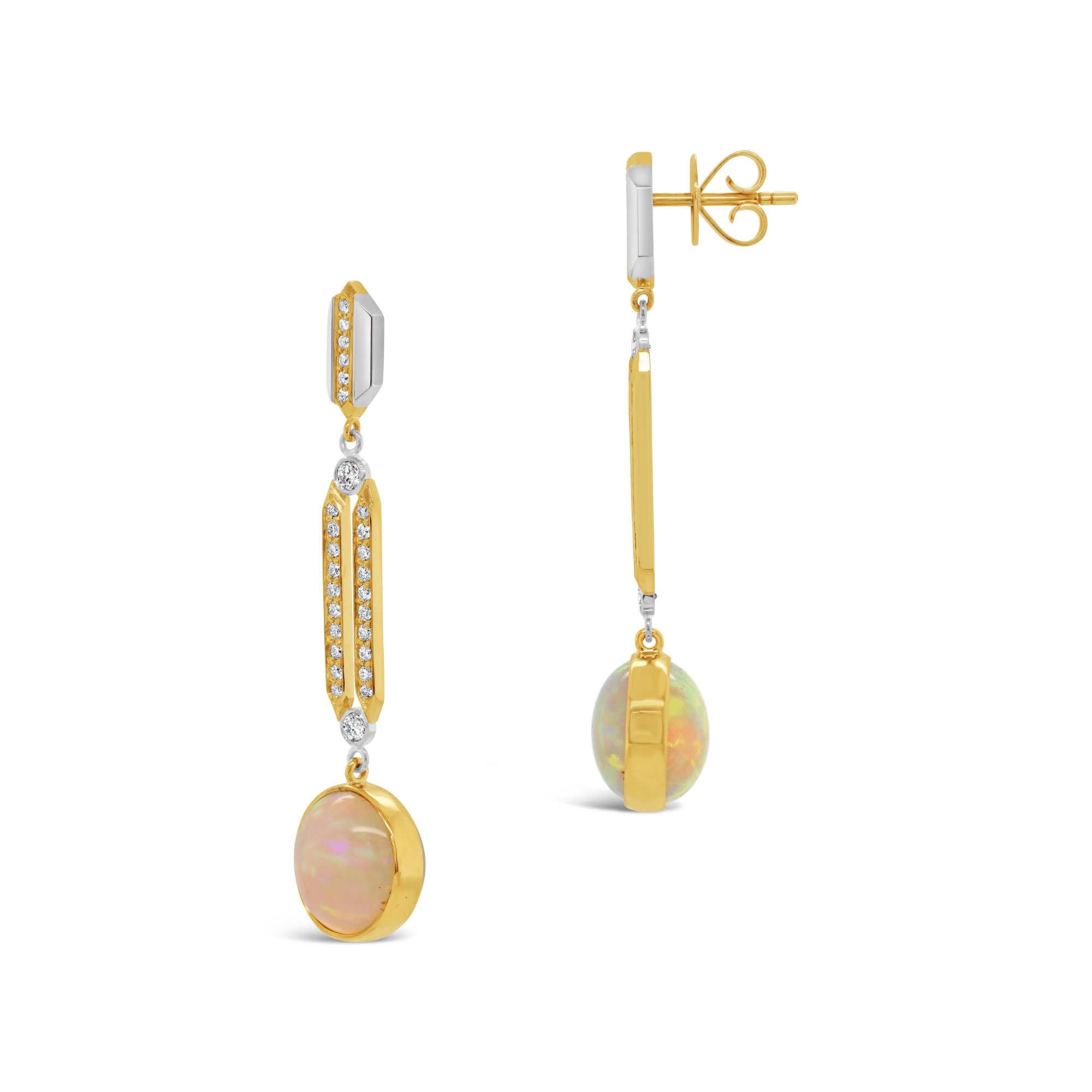 Opal and diamond drop earrings yellow gold