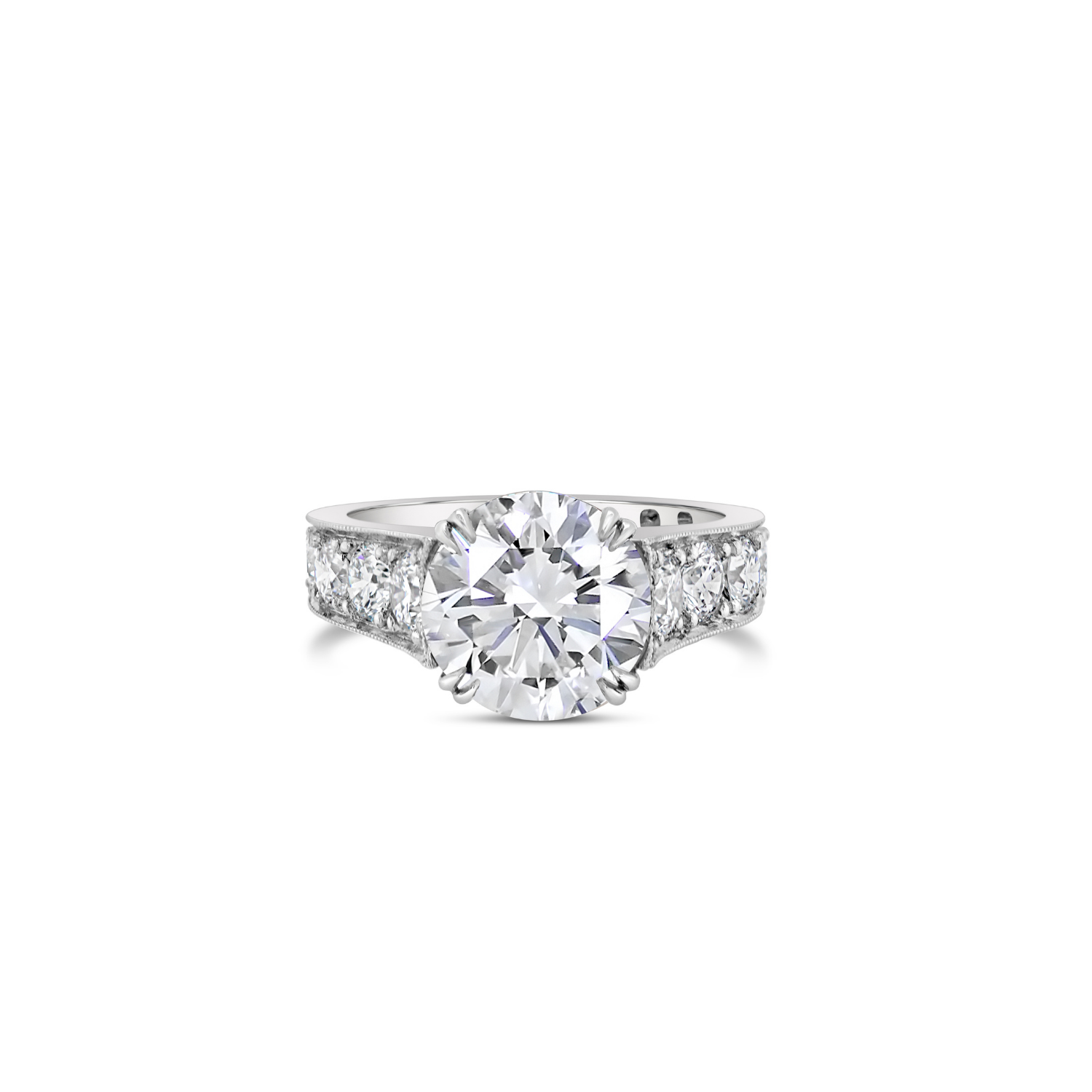 Round Brilliant Cut Diamond & Tapered Band Engagement Ring white gold