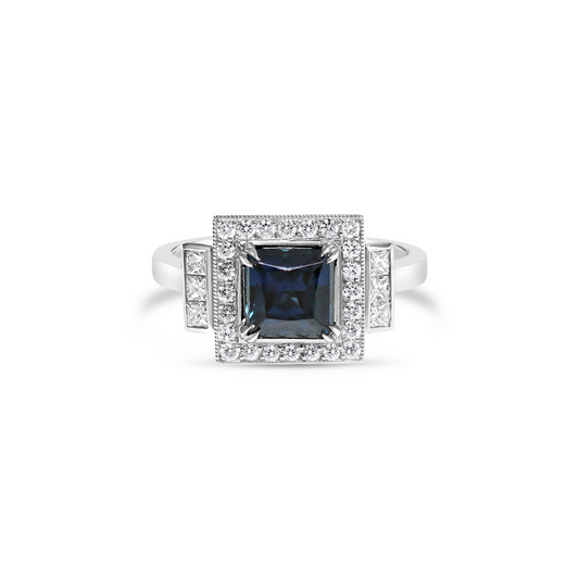 Art Deco Emerald Cut Australian Sapphire & Diamond Engagement Ring