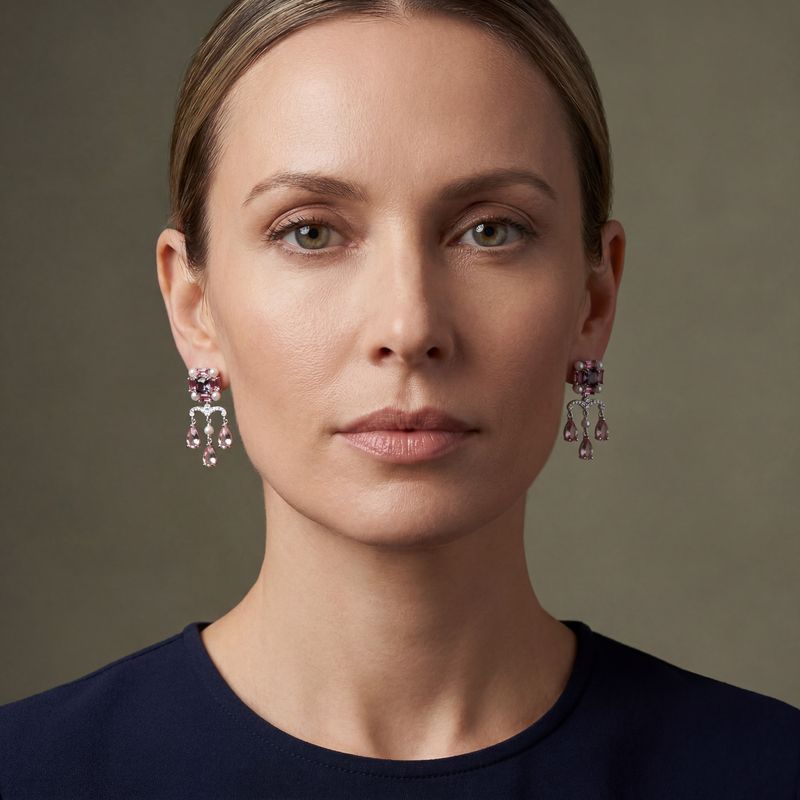 Pink Morganite & Tourmaline, Purple Spinel, Diamond & Akoya Pearl Earrings