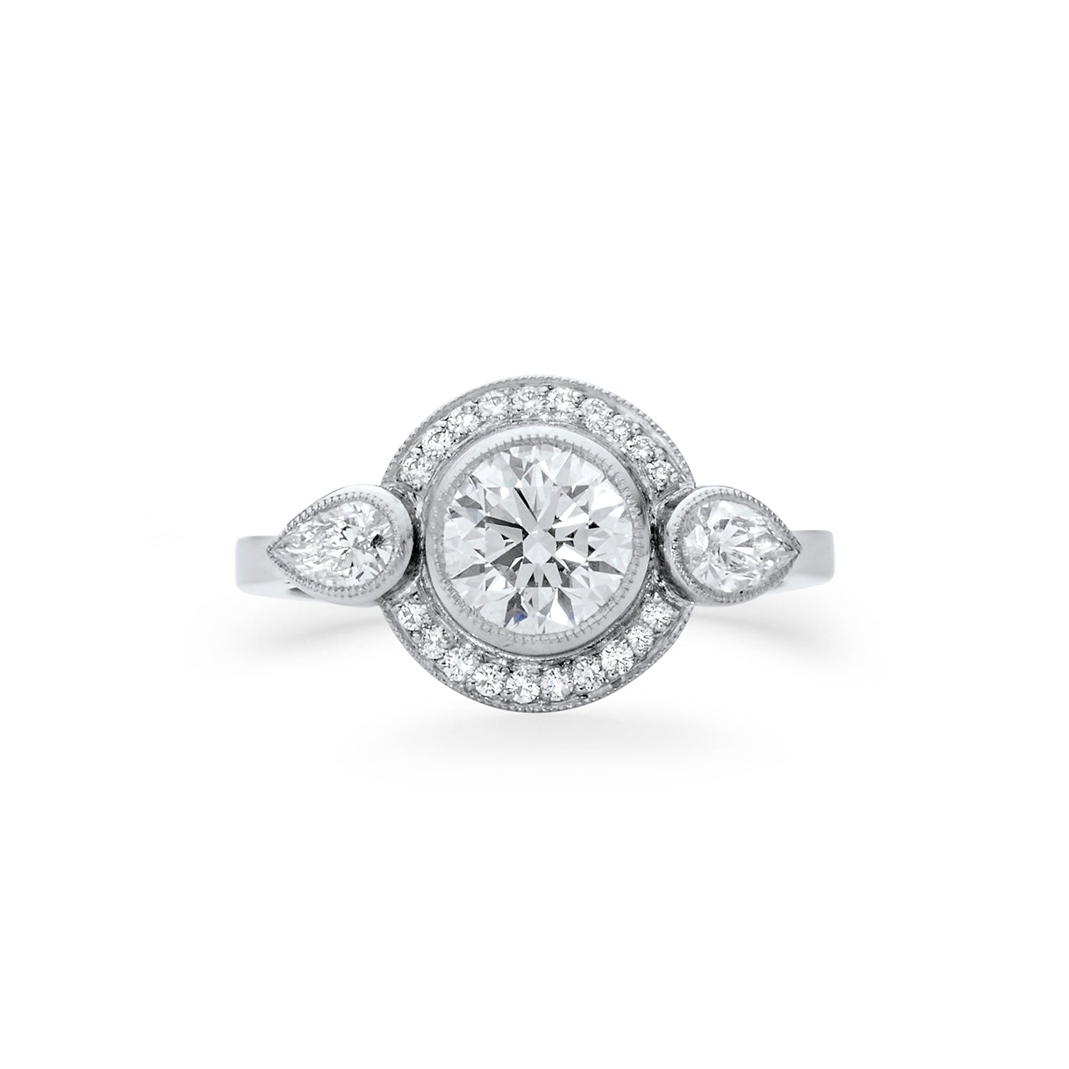 Art Deco Round Brilliant Cut & Pear Cut Diamond Halo Engagement Ring