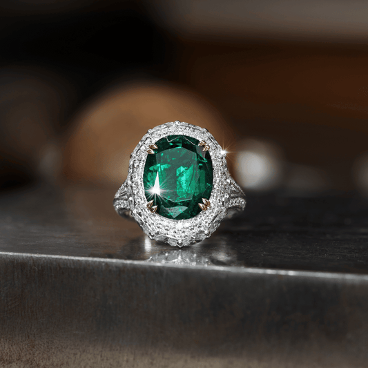 Oval Cut Zambian Emerald & Diamond Graduated Halo Ring