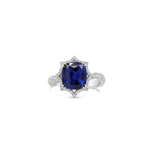 Cushion Cut Ceylonese Sapphire & Diamond Reverse Scallop Halo Ring
