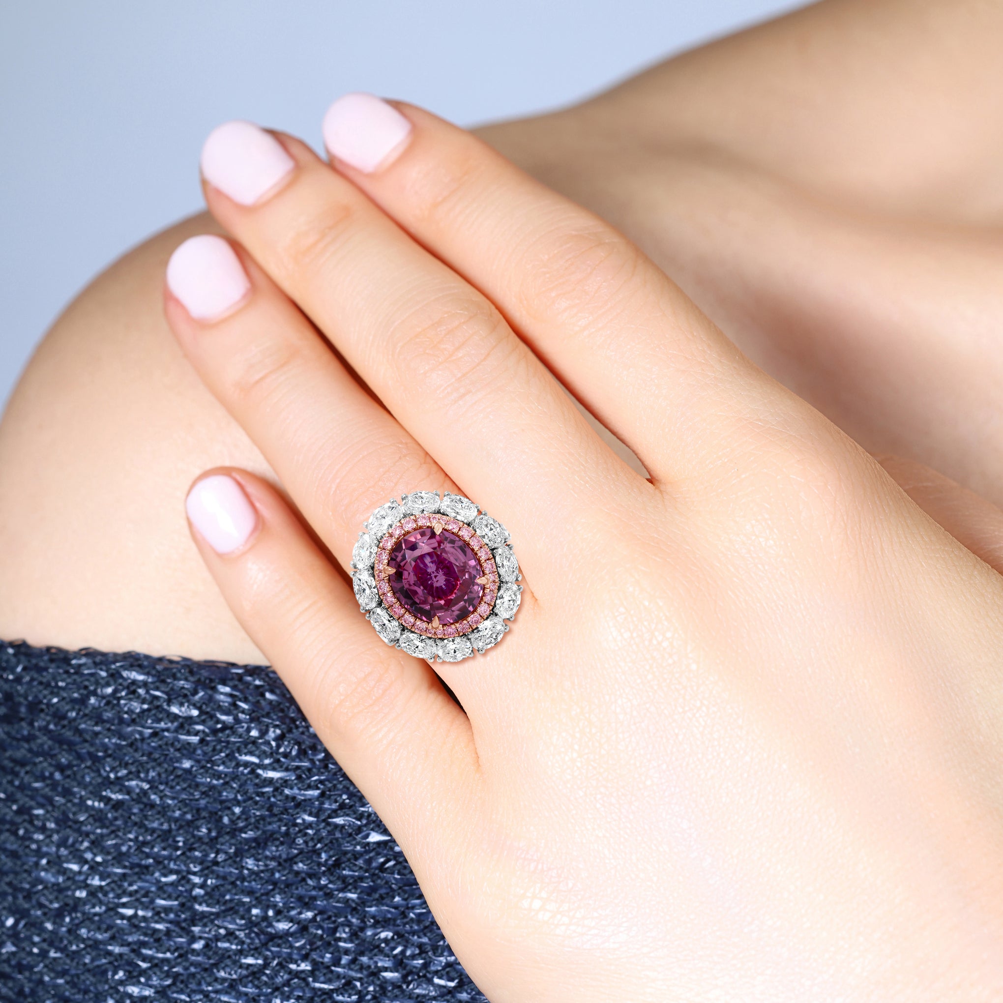 Unheated Pink Sapphire, Pink & White Diamond Halo Ring