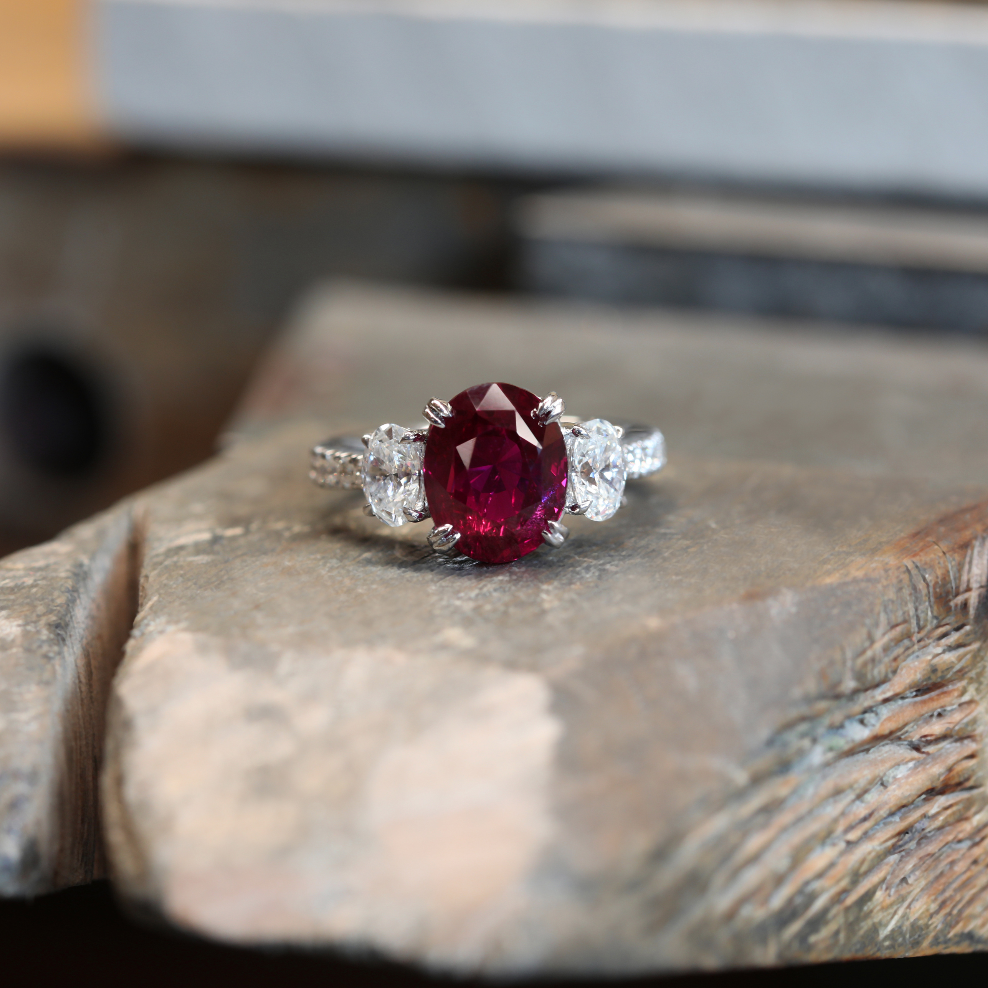 Oval-Cut Pigeon Blood Mozambique Ruby, Argyle Pink & White Diamond Ring