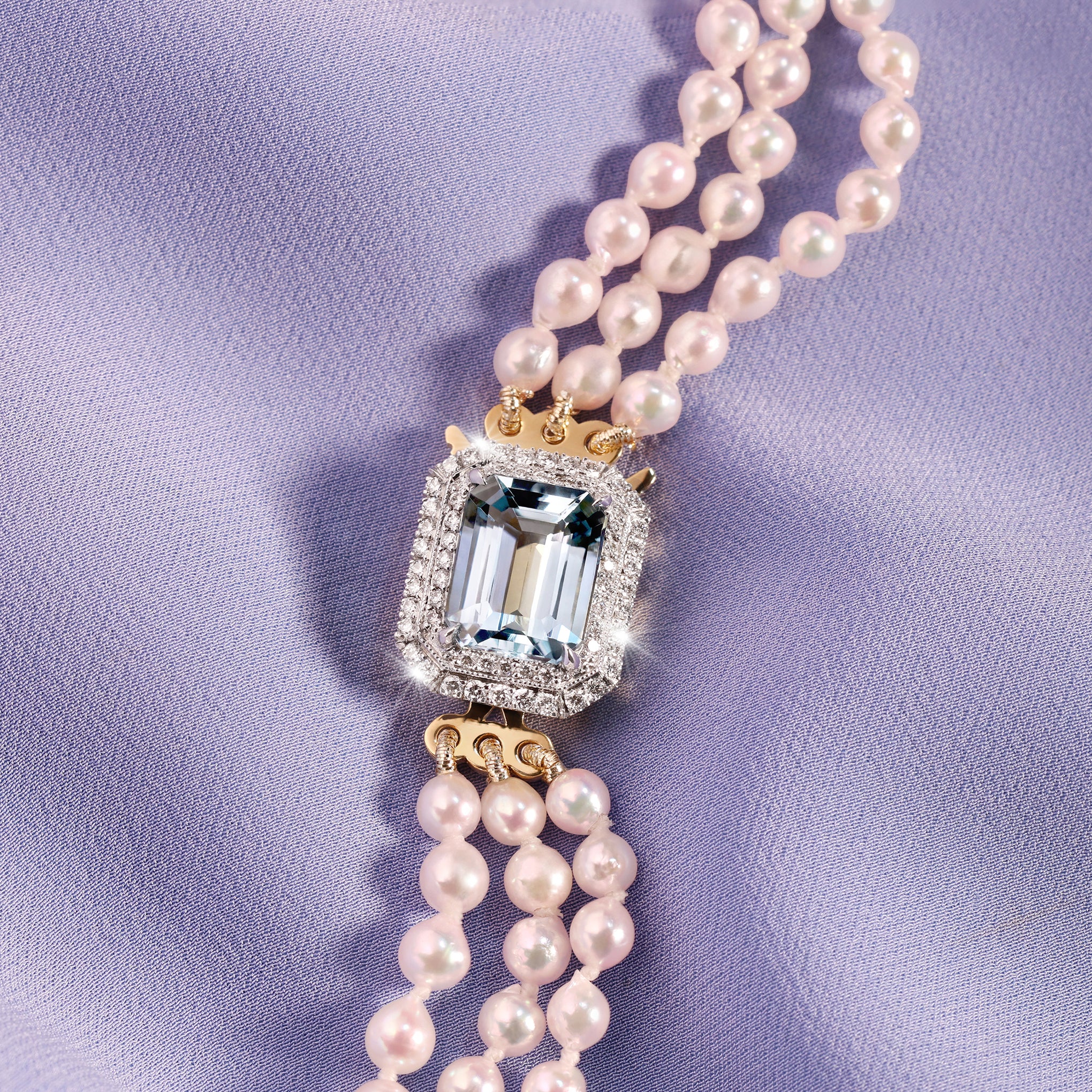 Akoya Pearl Necklace with Aquamarine and Diamond Clasp