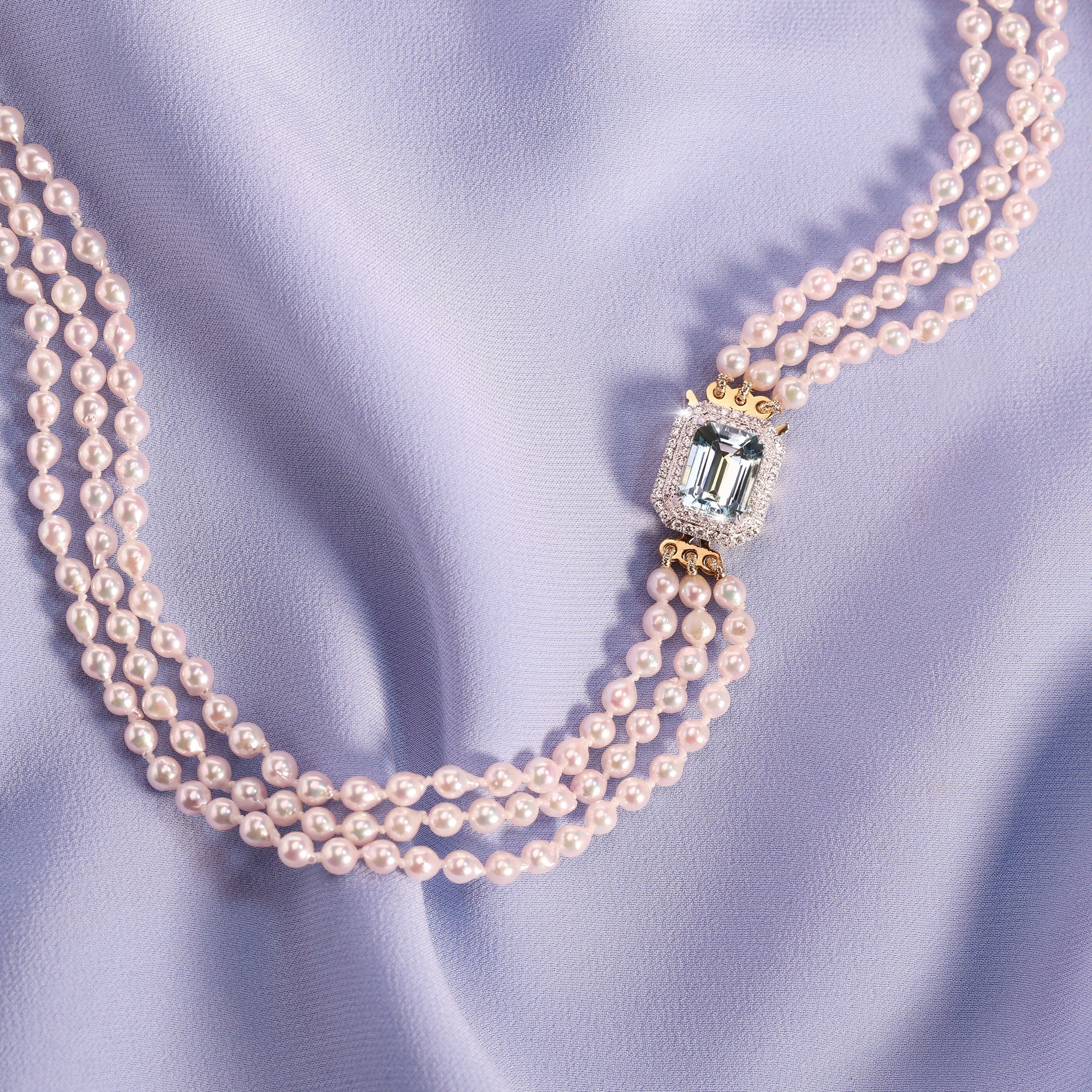 Akoya Pearl Necklace with Aquamarine and Diamond Clasp