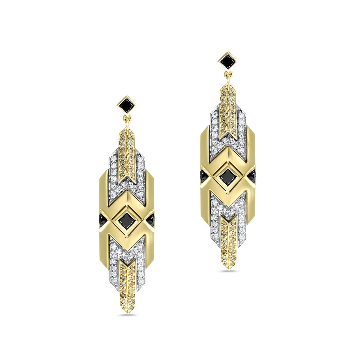 Art Deco drop earrings yellow gold, onyx and diamonds