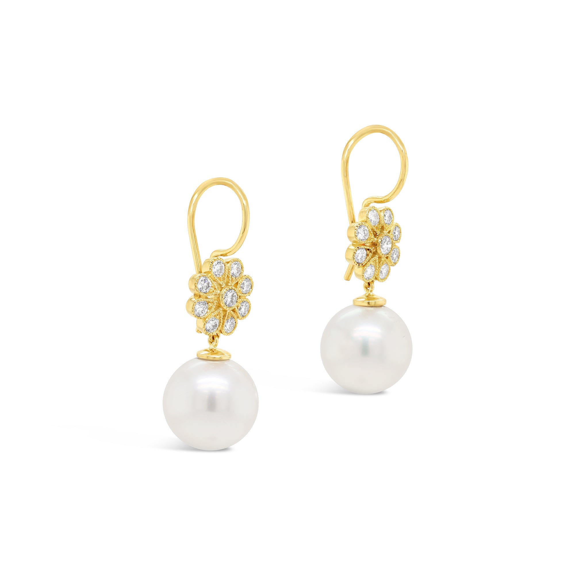 Diamond & South Sea Pearl Drop Earrings Yellow Gold