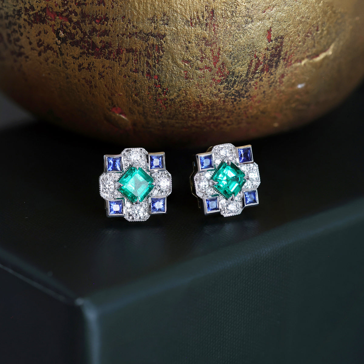 1858 Stud Earrings - Emerald, Sapphire and Diamond Detail