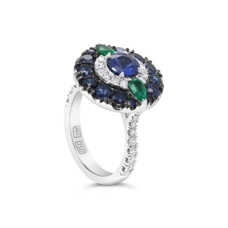 Sapphire, Emerald & Diamond Halo Ring
