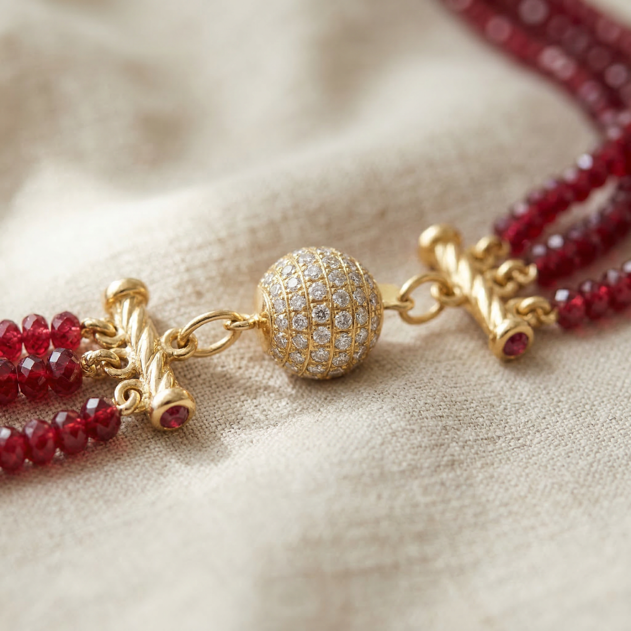 Three-row ruby and diamond beaded necklace