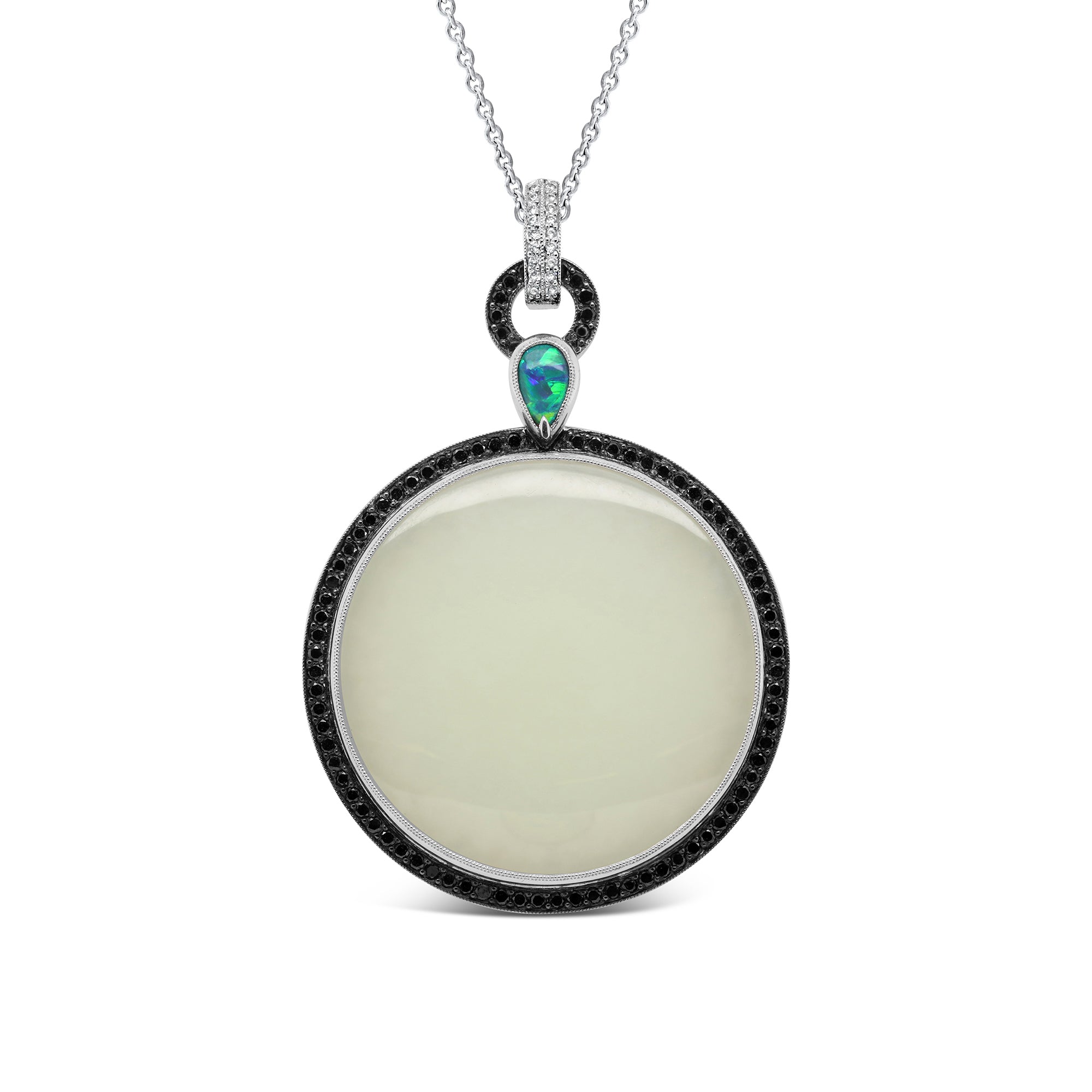White Jade, Diamond and Black Opal Necklace