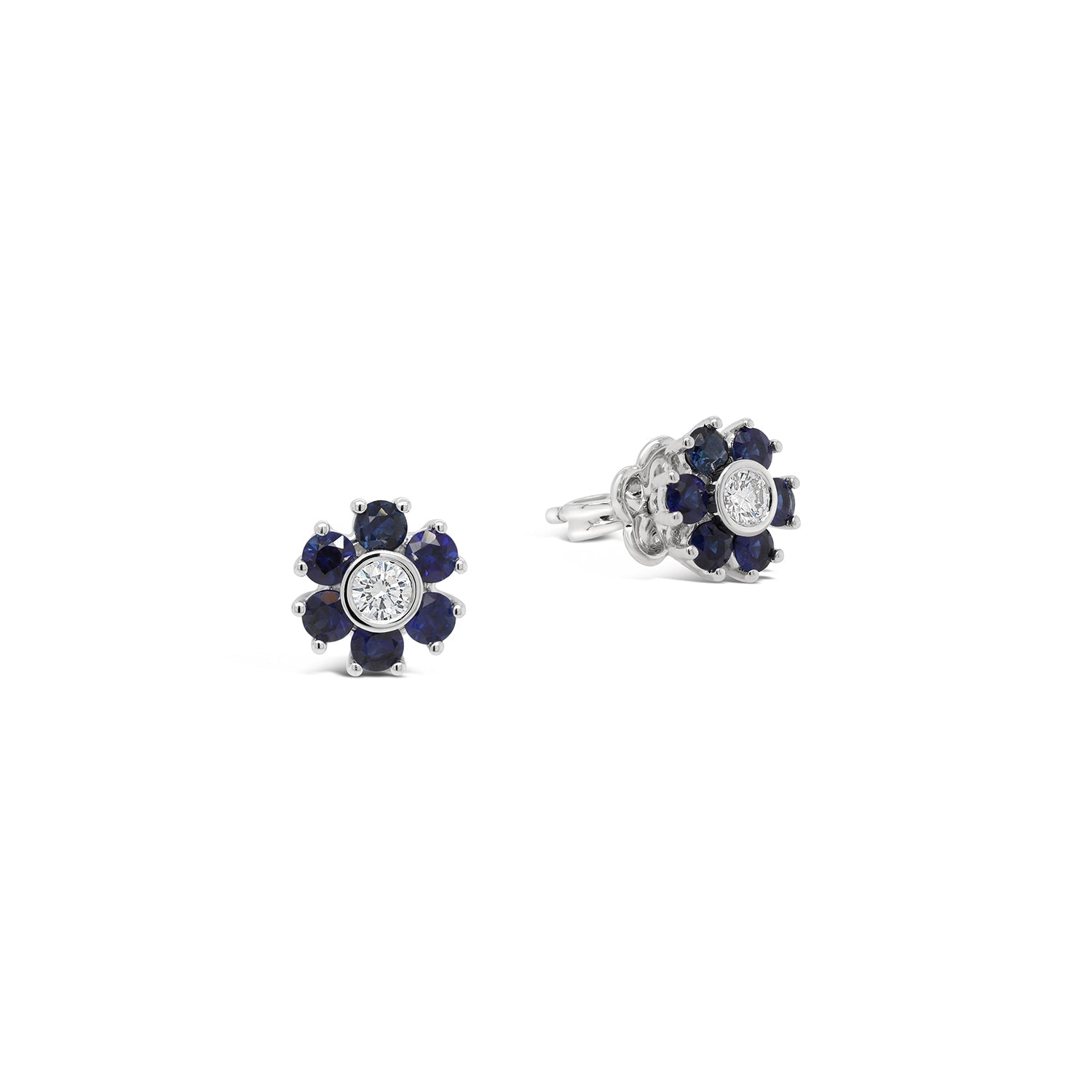 Blue Sapphire & Diamond Petite Flower Stud Earrings