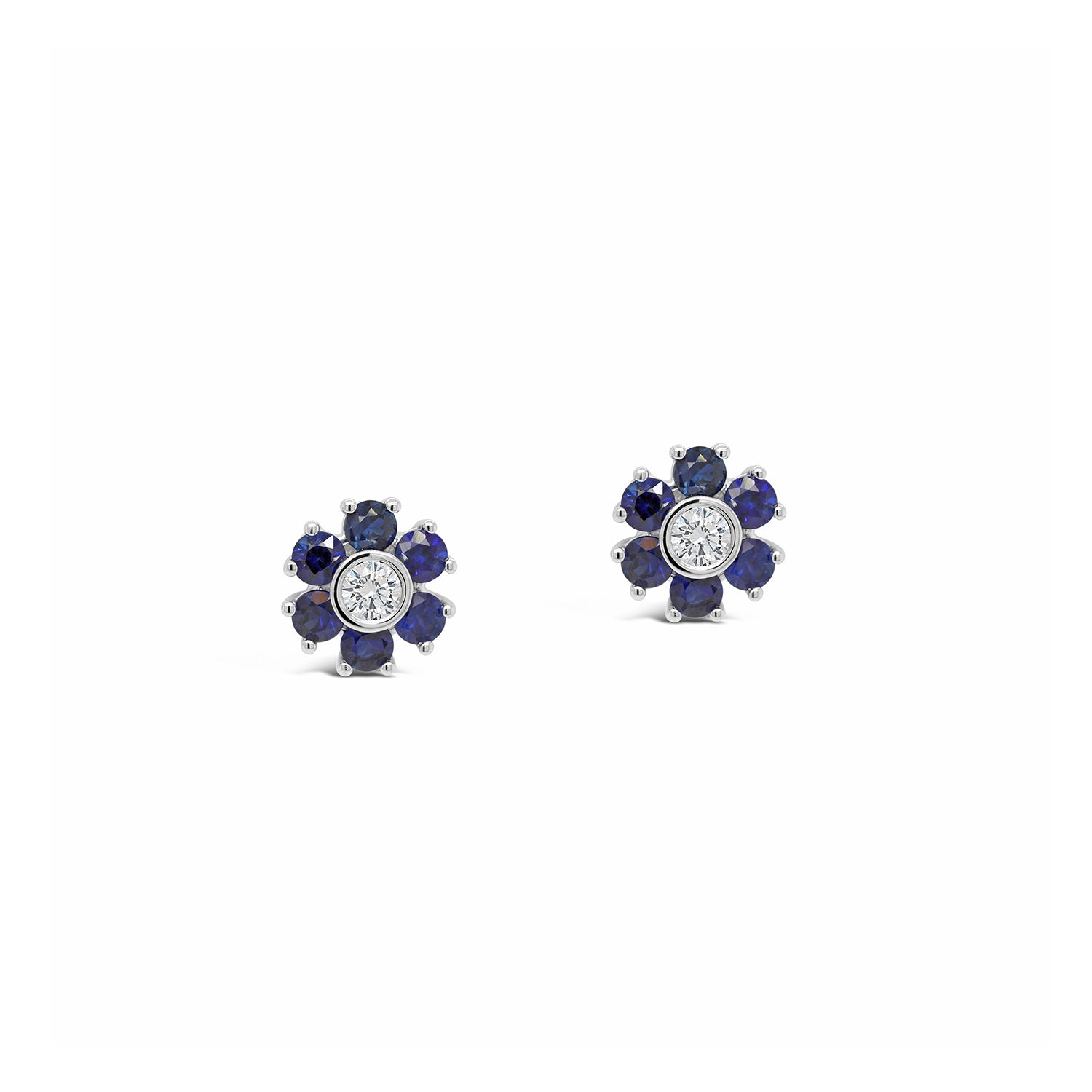 Blue Sapphire & Diamond Petite Flower Stud Earrings