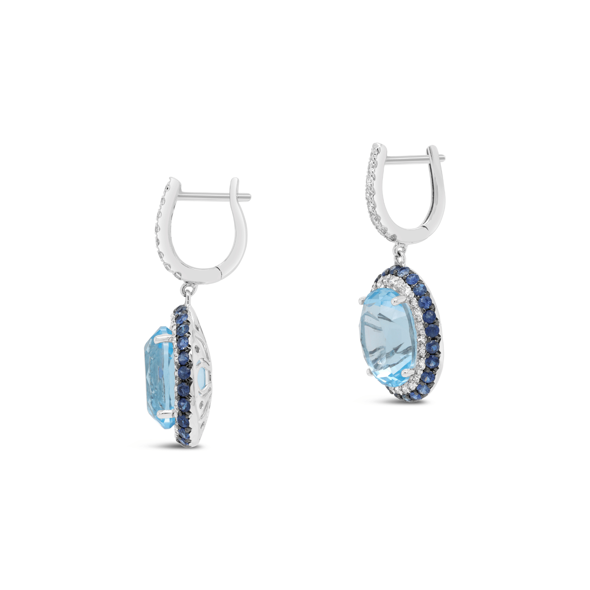 Blue topaz earrings with blue sapphire and diamond halo