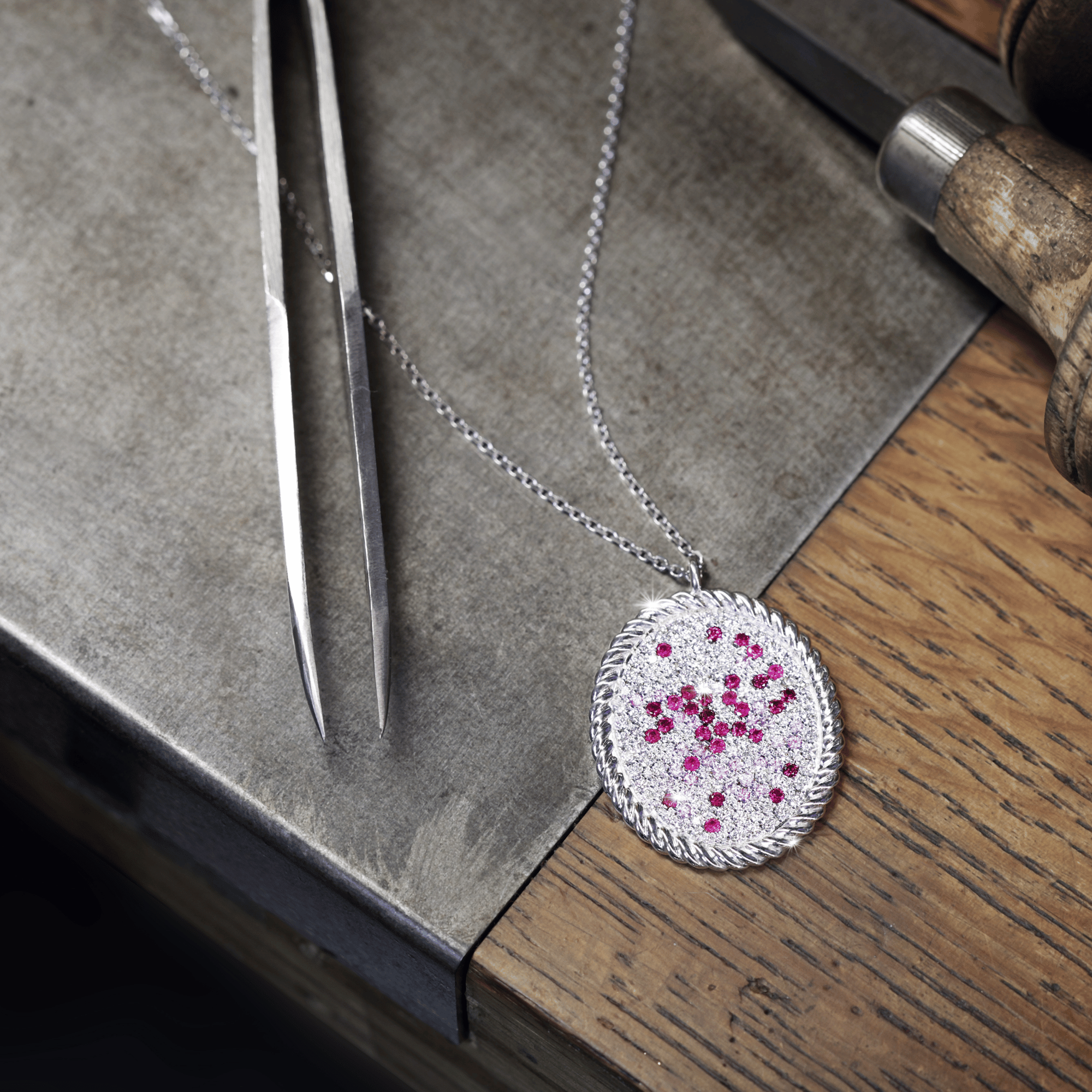 Ruby, Pink Sapphire & Diamond Ombré Snow Pavé Cosmos Pendant
