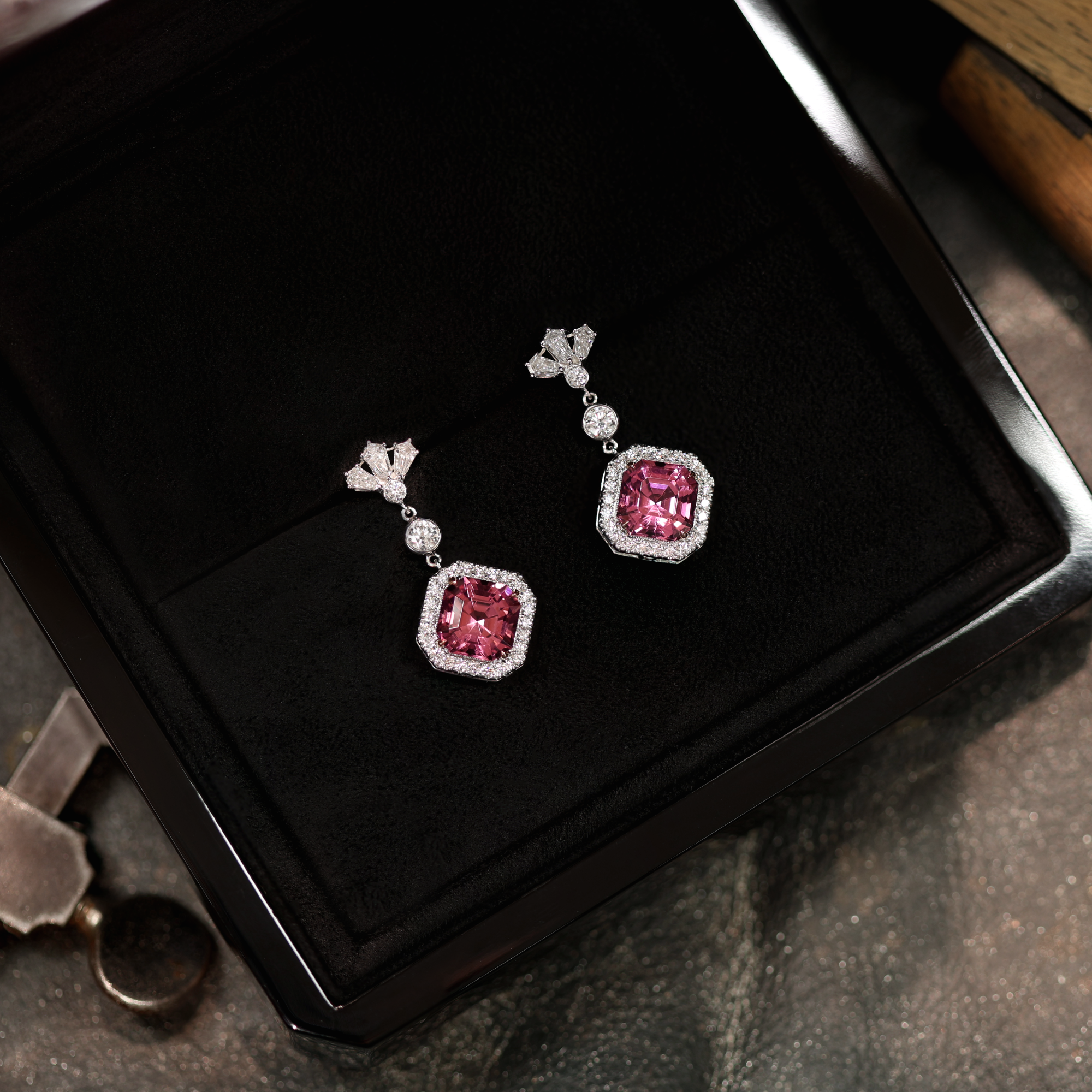 Pink Tourmaline Gemstone Diamond Drop Earrings