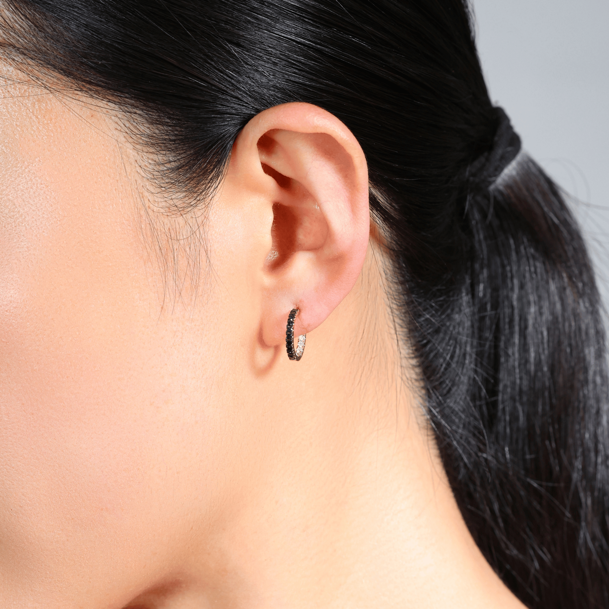 Mini Hoop Earrings with Black & White Diamonds - 18ct Rose Gold