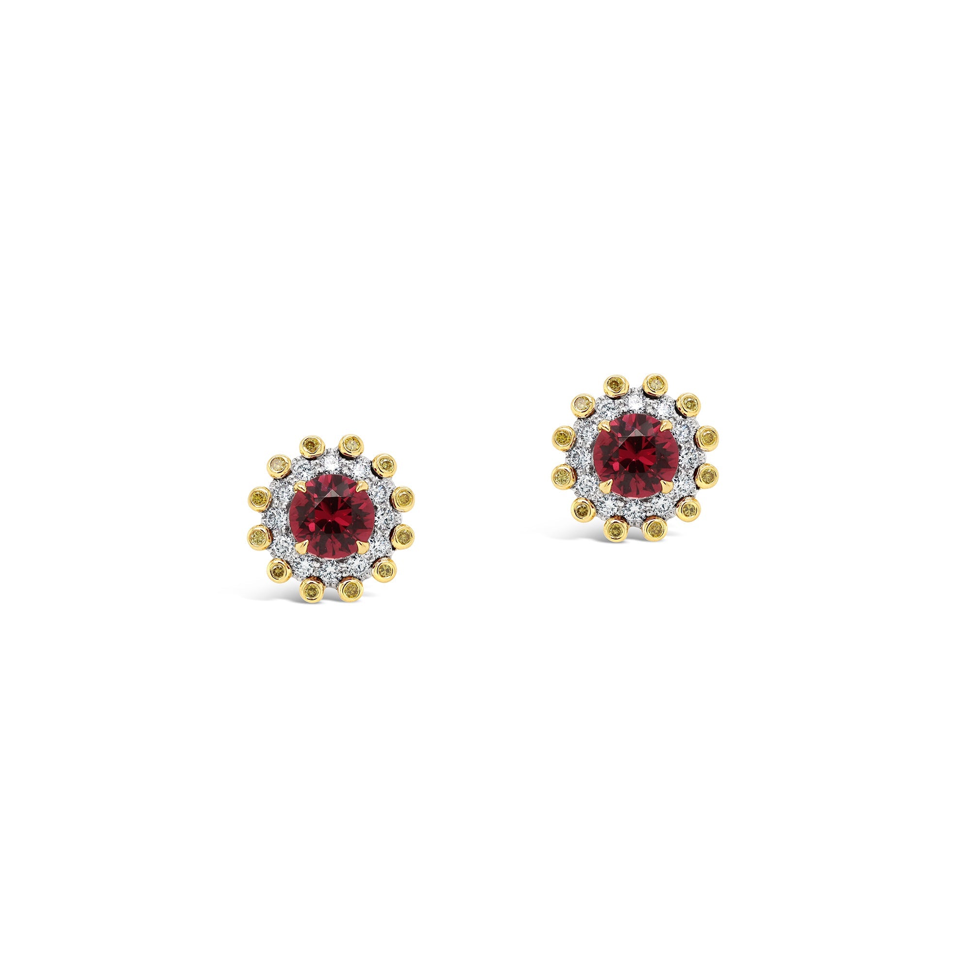 Ruby, White & Yellow Diamond Stud Earrings