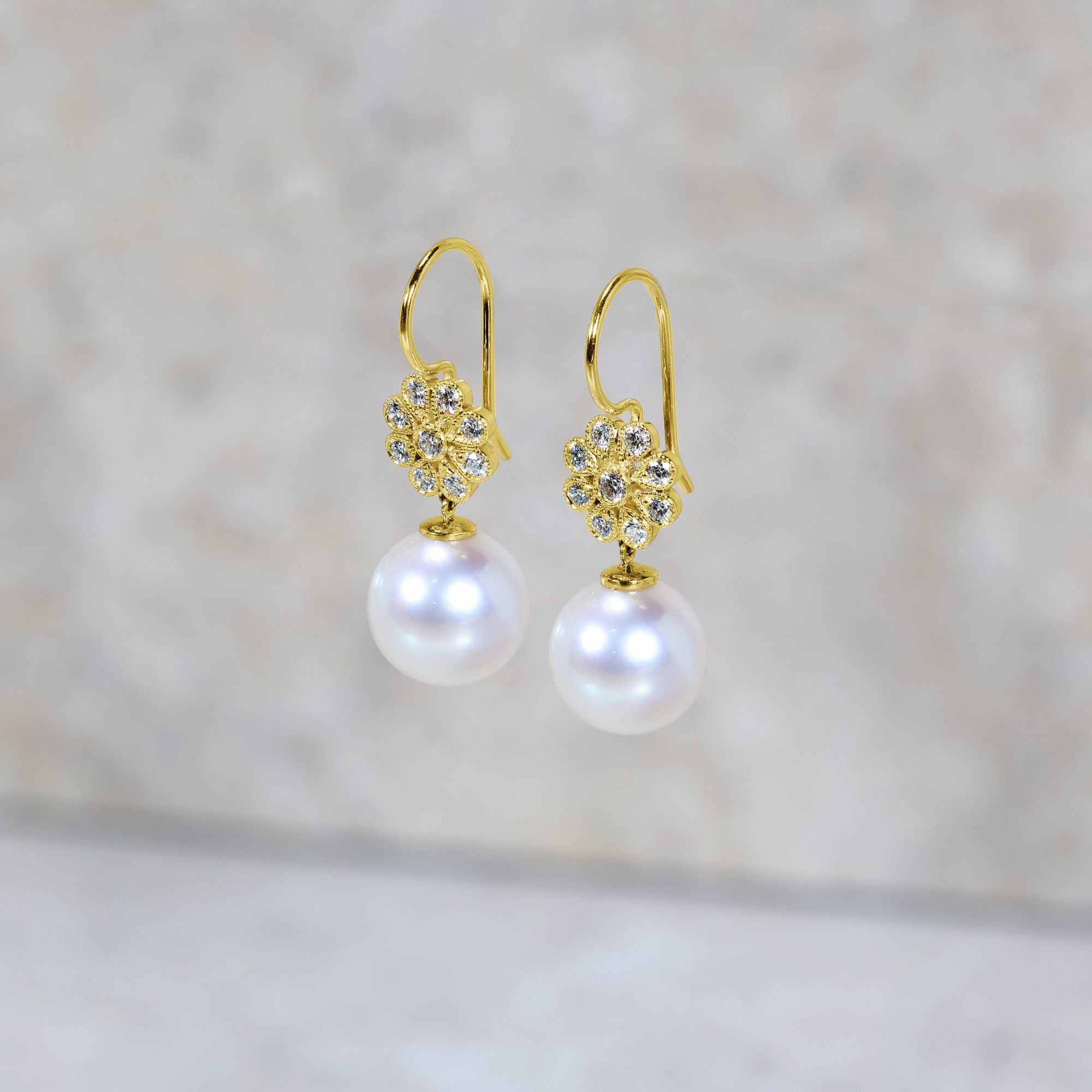 Diamond & South Sea Pearl Drop Earrings Yellow Gold