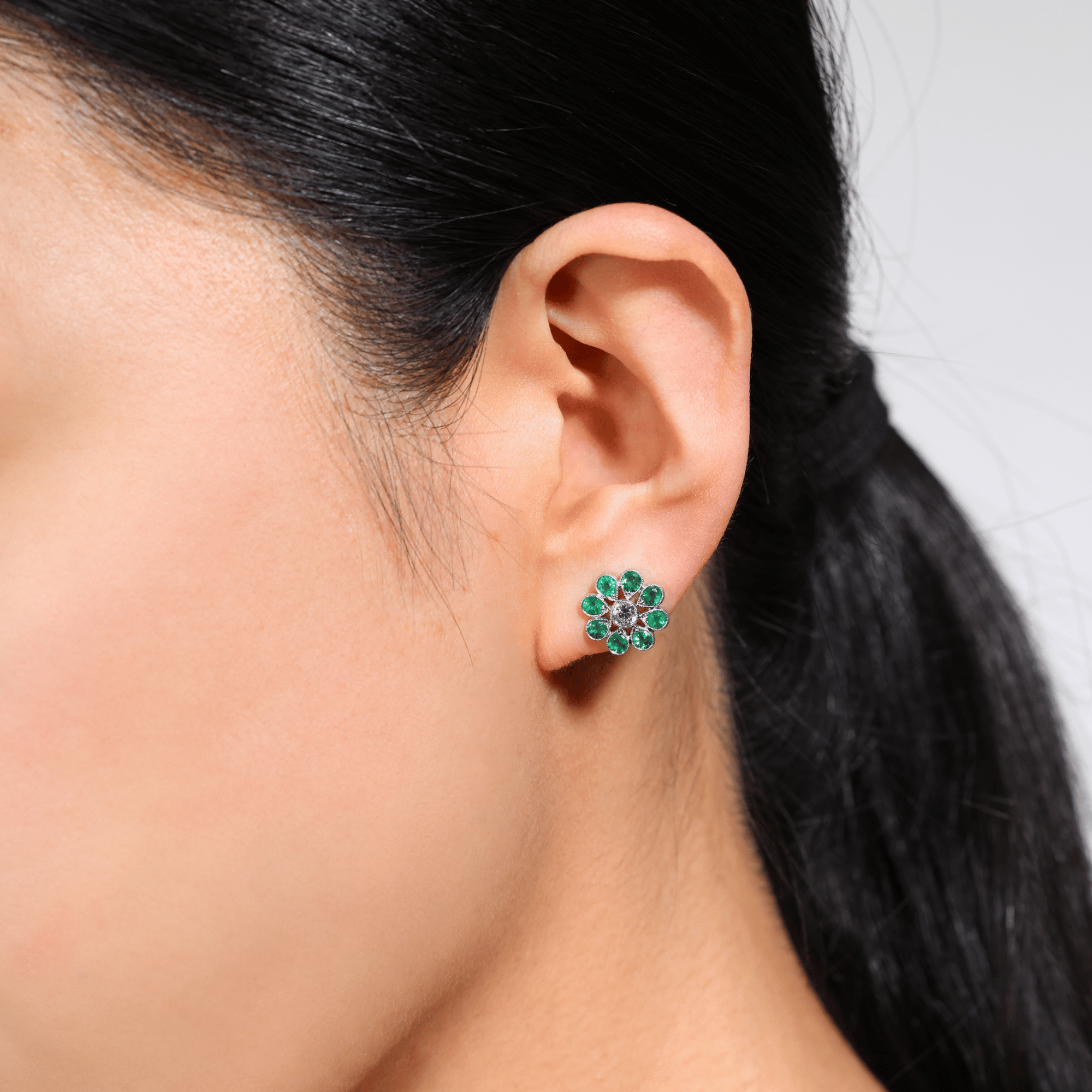 Diamond and emerald Flower Stud Earrings