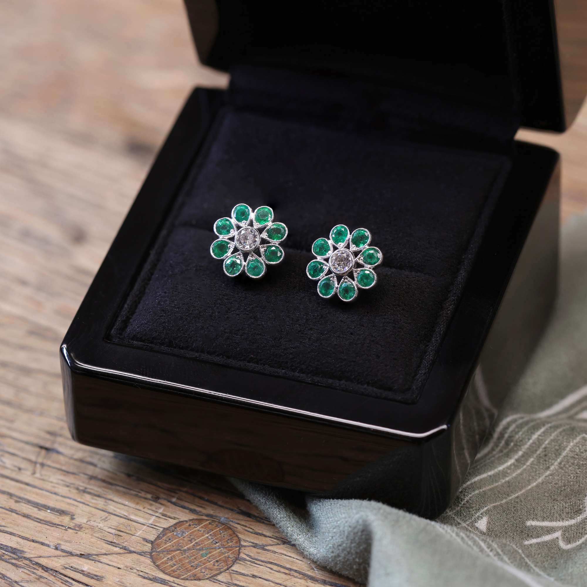 Diamond and emerald Flower Stud Earrings