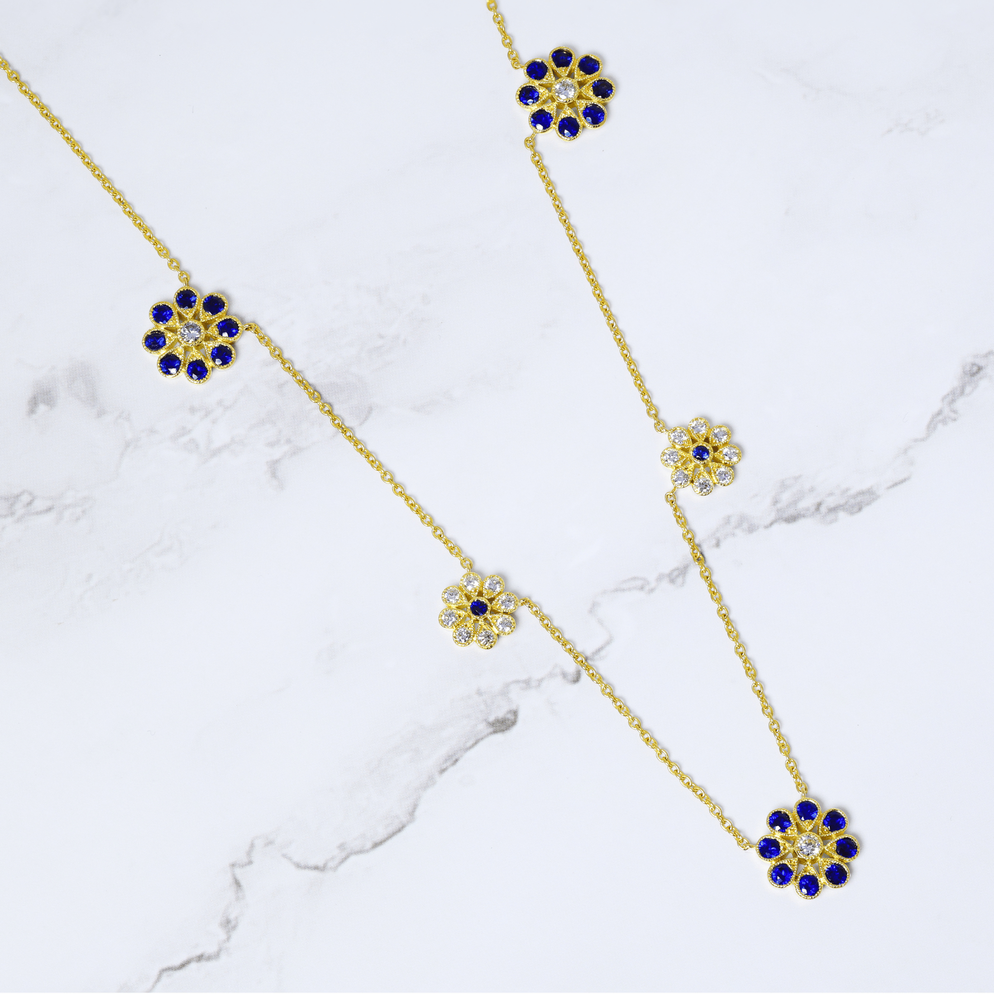 Deco Daisy Sapphire & Diamond Station Necklace