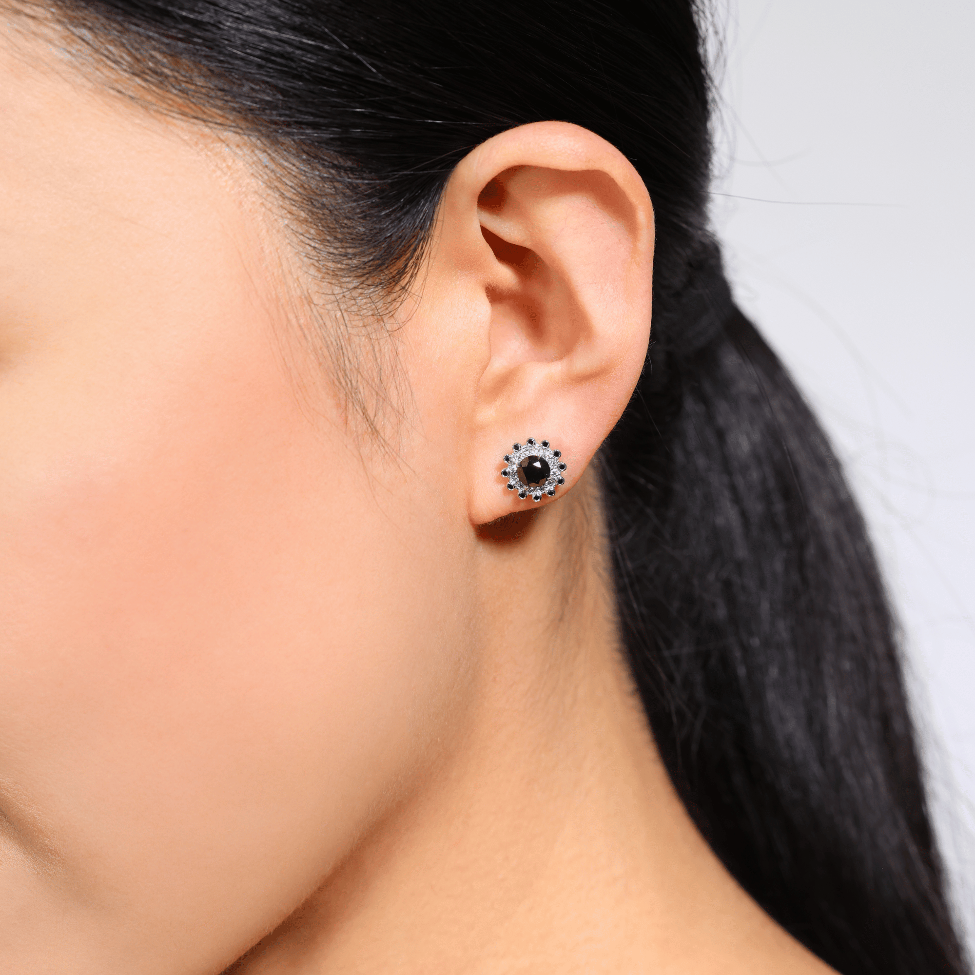 Black and white diamond halo stud earrings