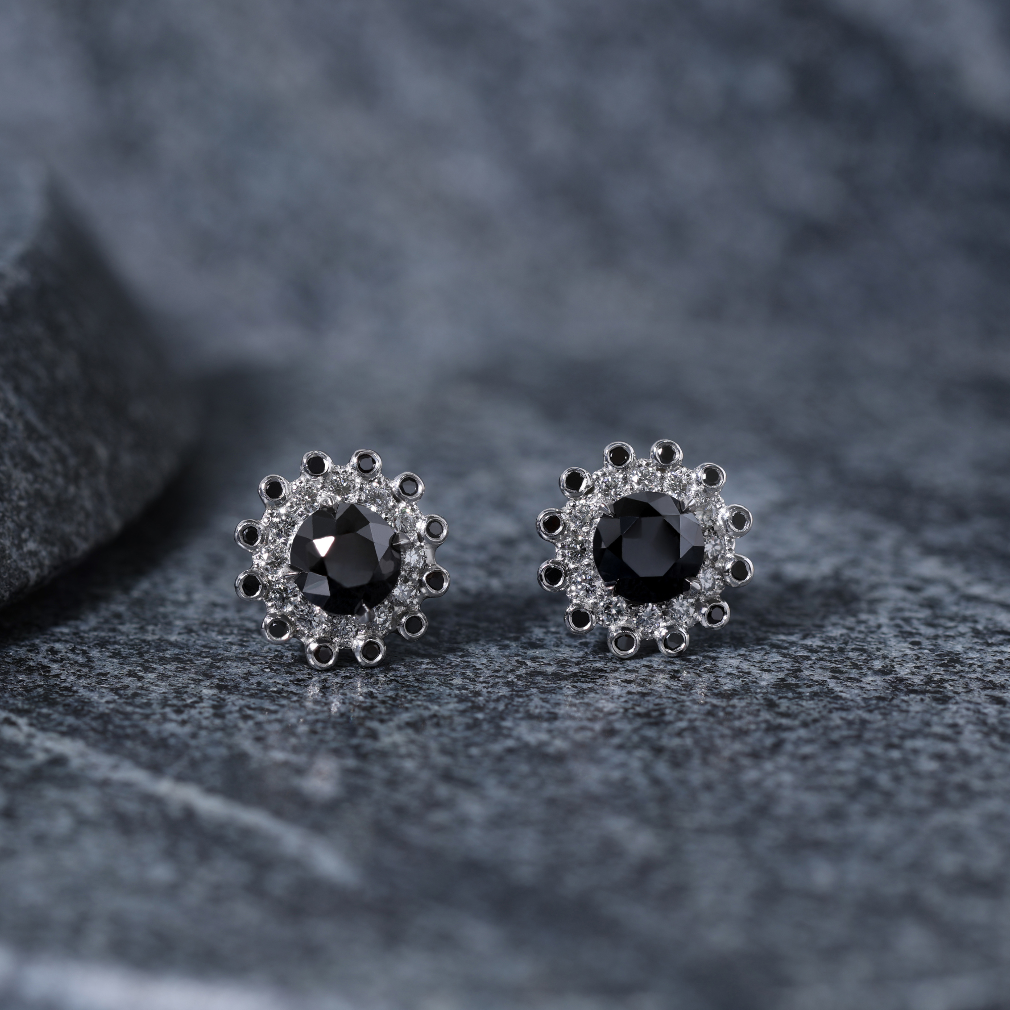 Black and white diamond halo stud earrings