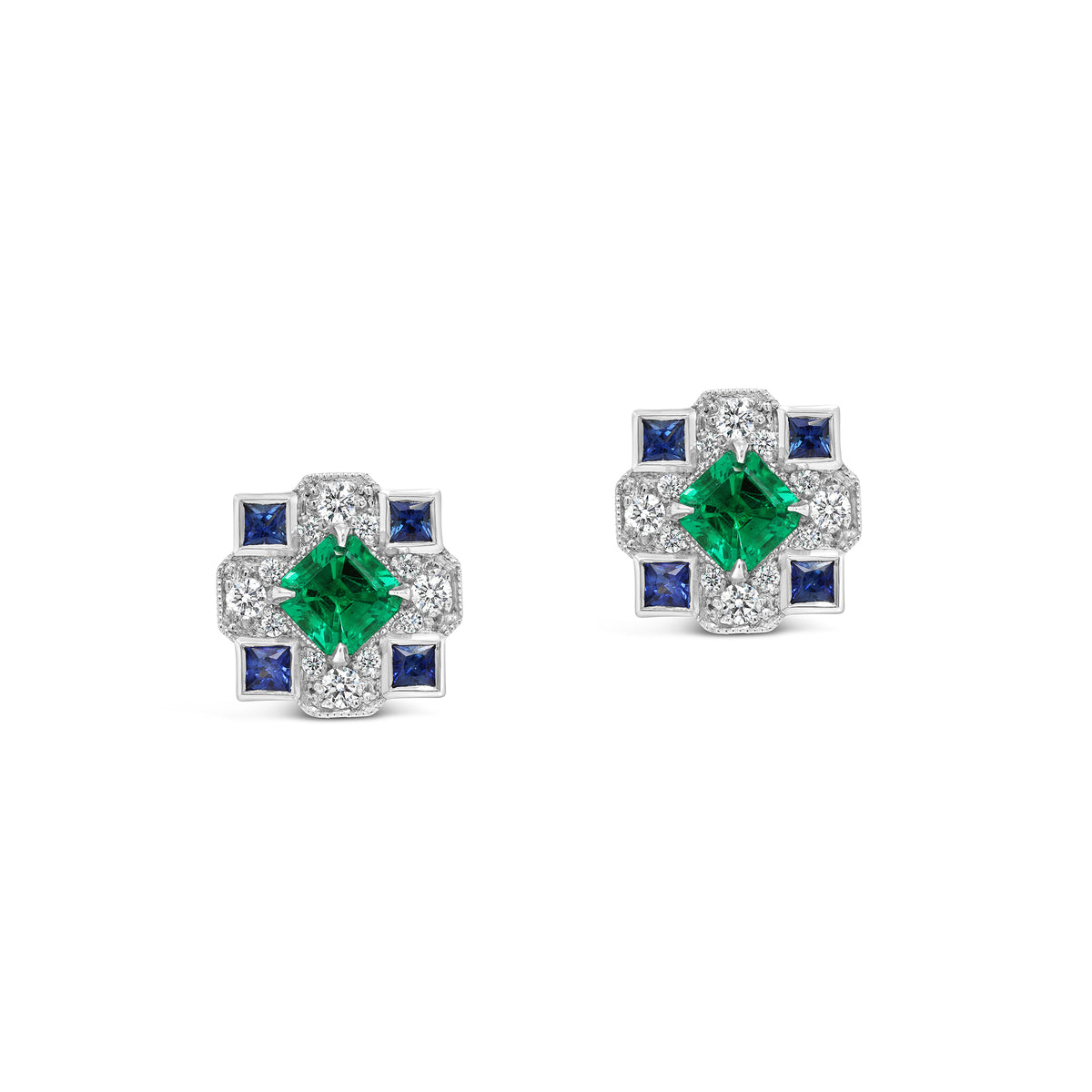 1858 Stud Earrings - Emerald, Sapphire and Diamond Detail
