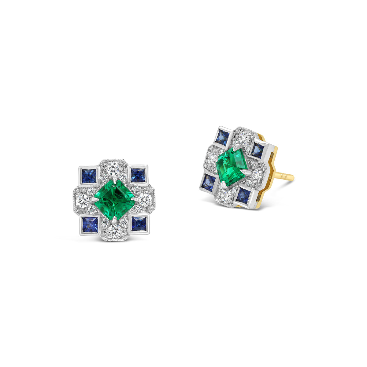 1858 Stud Earrings - Emerald, Sapphire and Diamond Detail