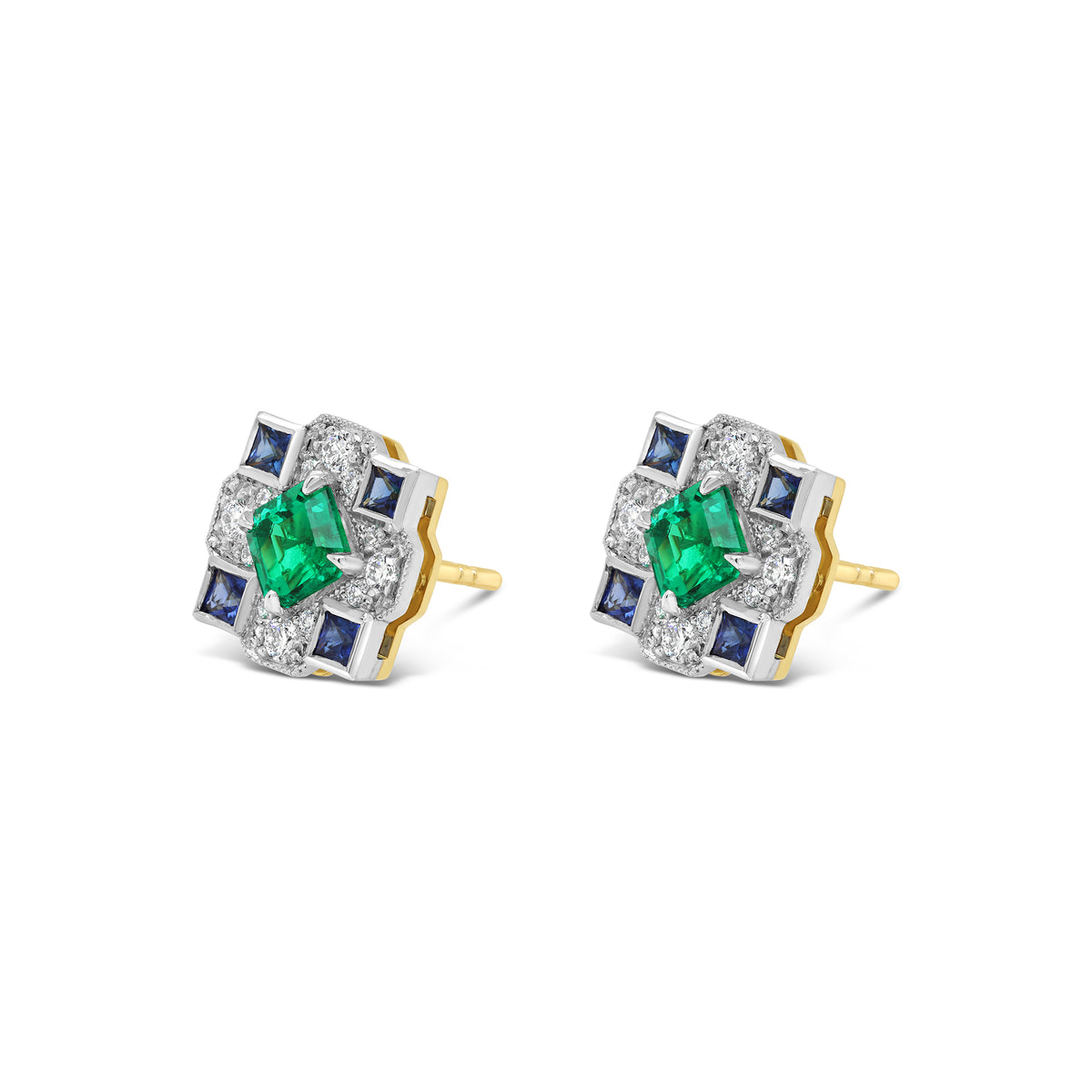 1858 Stud Earrings - Emerald, Sapphire and Diamond Detail