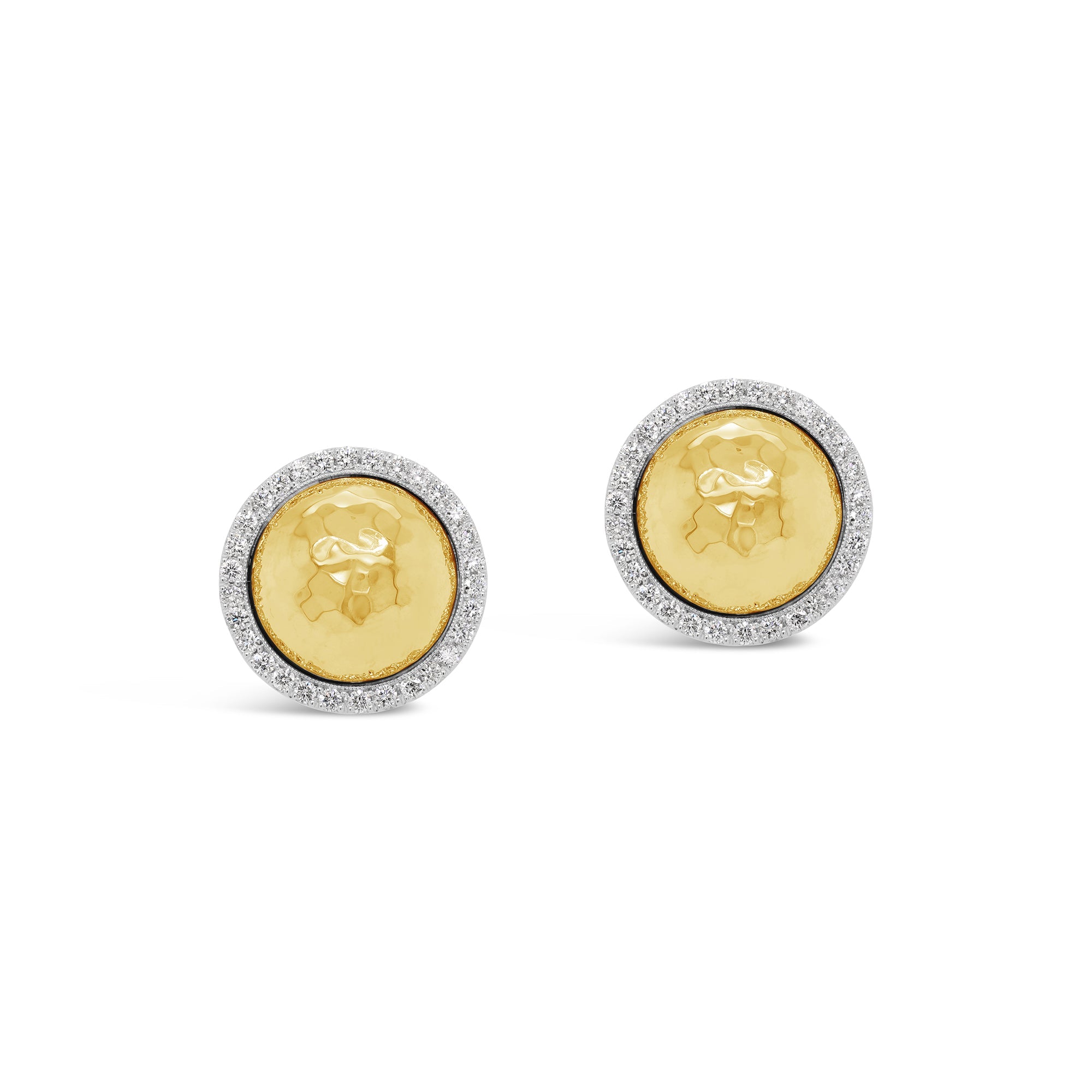 Yellow Gold Hammered Dome & Diamond Earrings