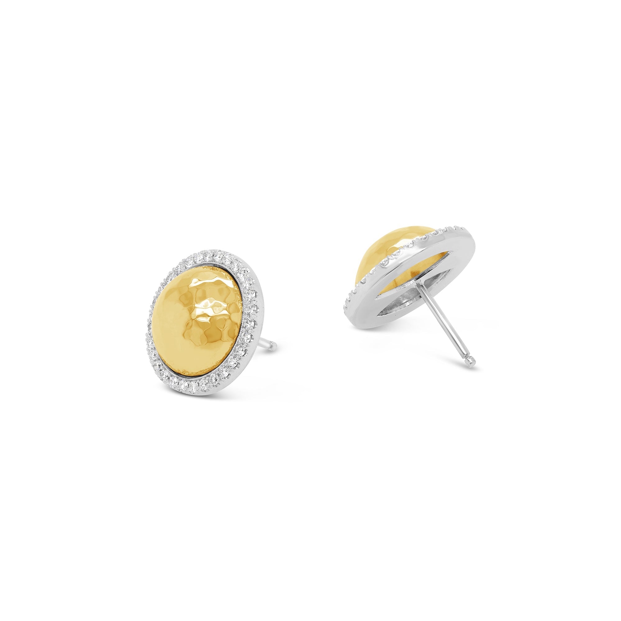 Yellow Gold Hammered Dome & Diamond Earrings