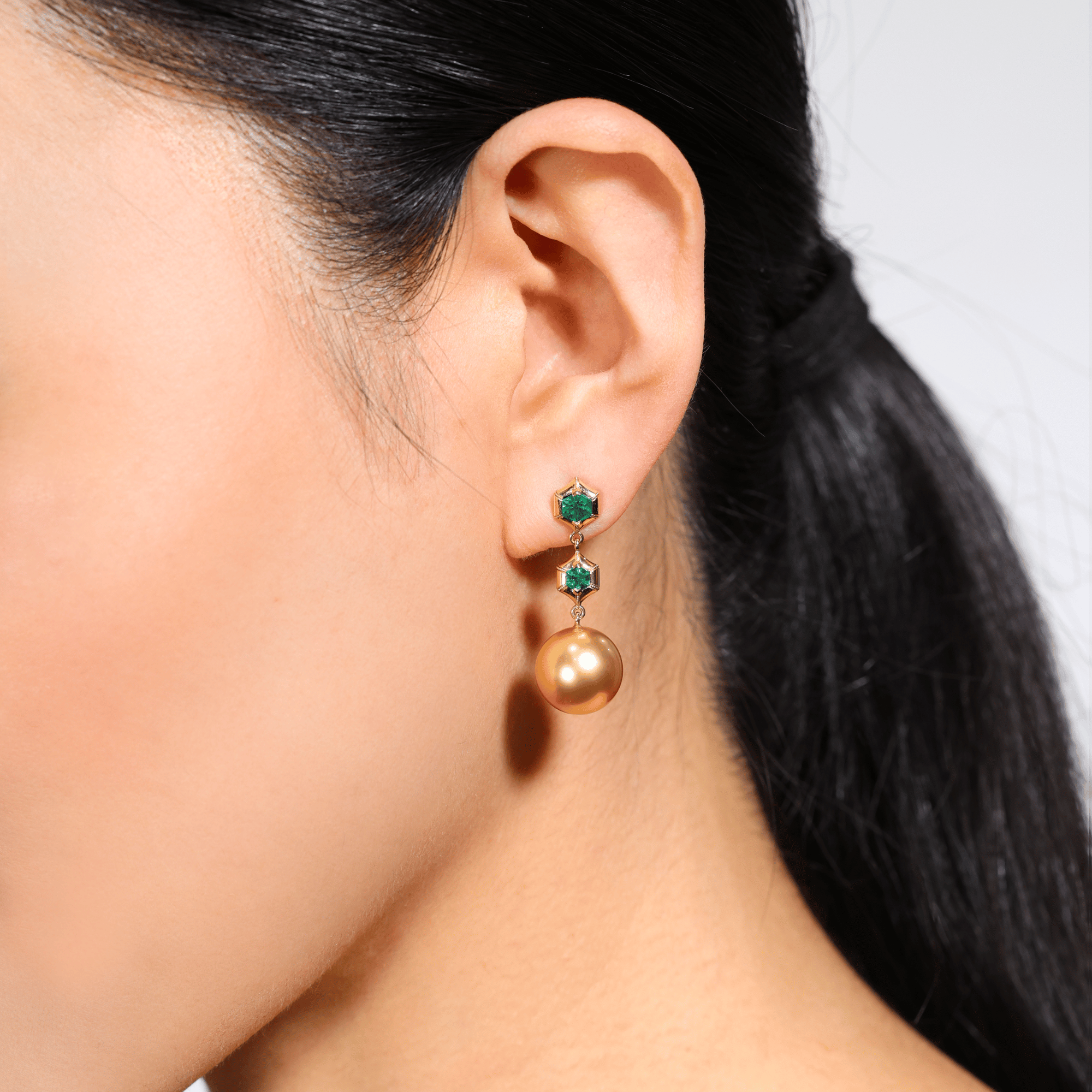 Emerald & Gold South Sea Pearl Drop Earrings