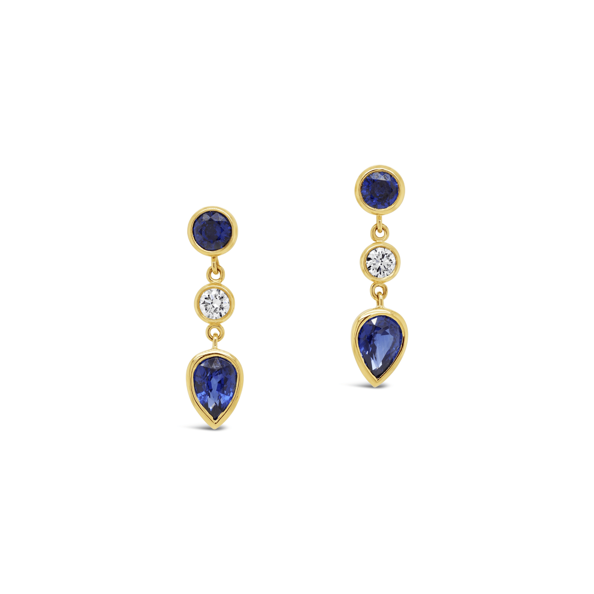 Blue sapphire & diamond bezel set earrings in yellow gold