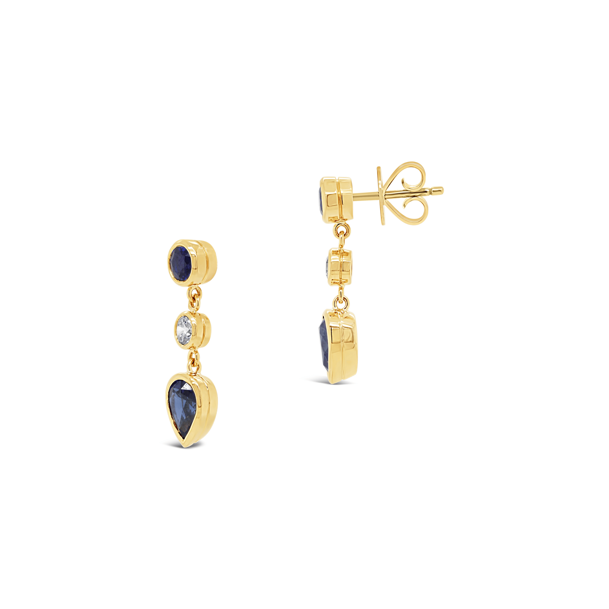 Blue sapphire & diamond bezel set earrings in yellow gold