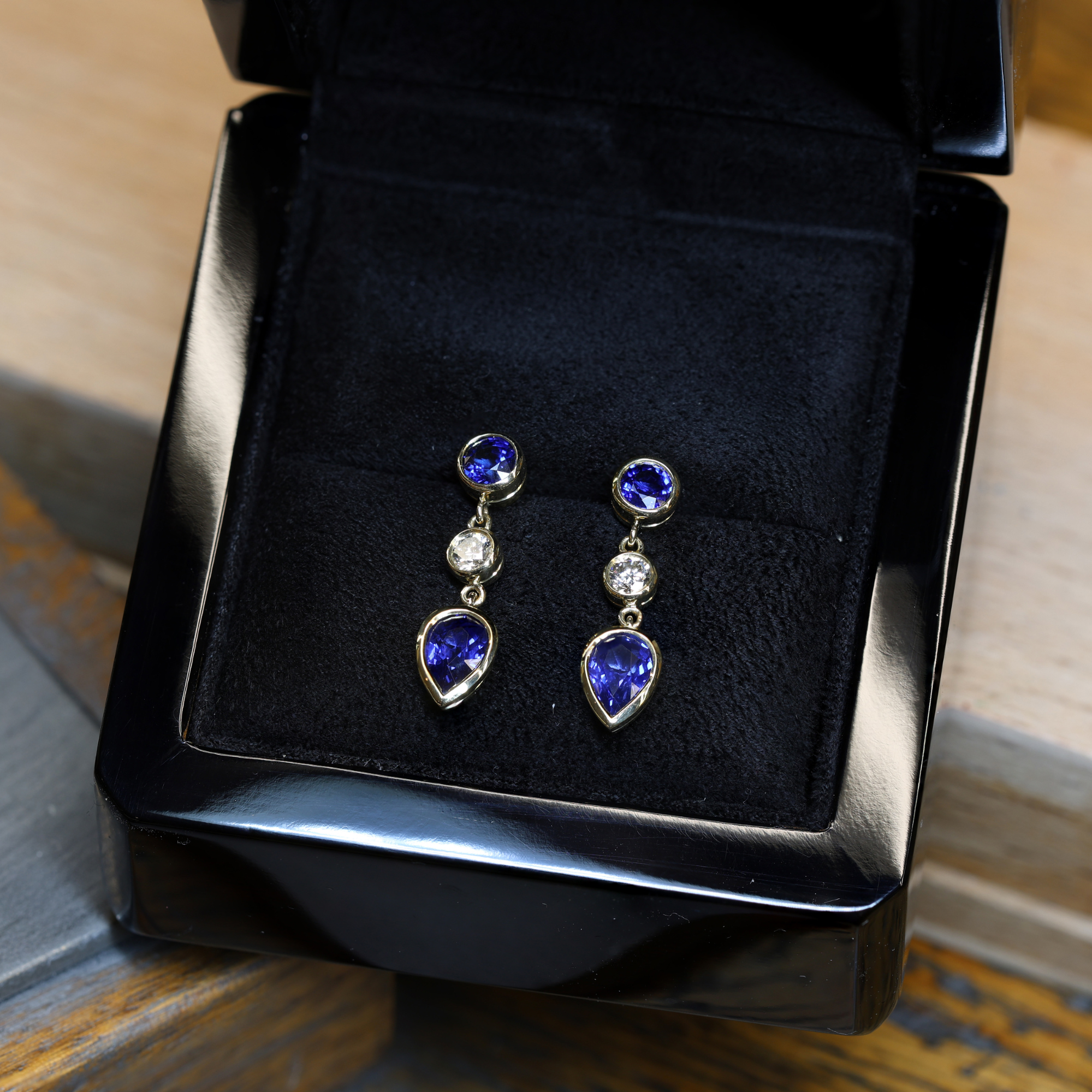 Mixed Cut Ceylon Blue Sapphire & Diamond Earrings